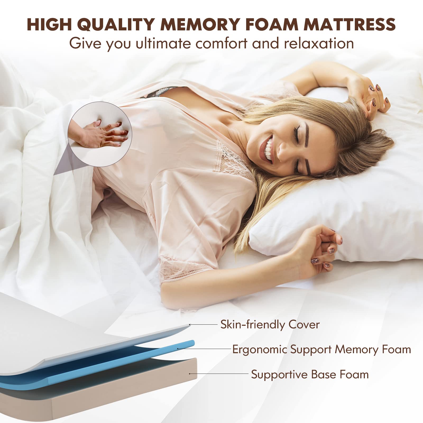 GOFLAME Folding Bed with Memory Foam Mattress, Portable Rollaway Guest Bed with Heavy-Duty Steel Frame & Rolling Casters, Sleeper Bed Cot Size for Adults & Kids, Dustproof Cover Included