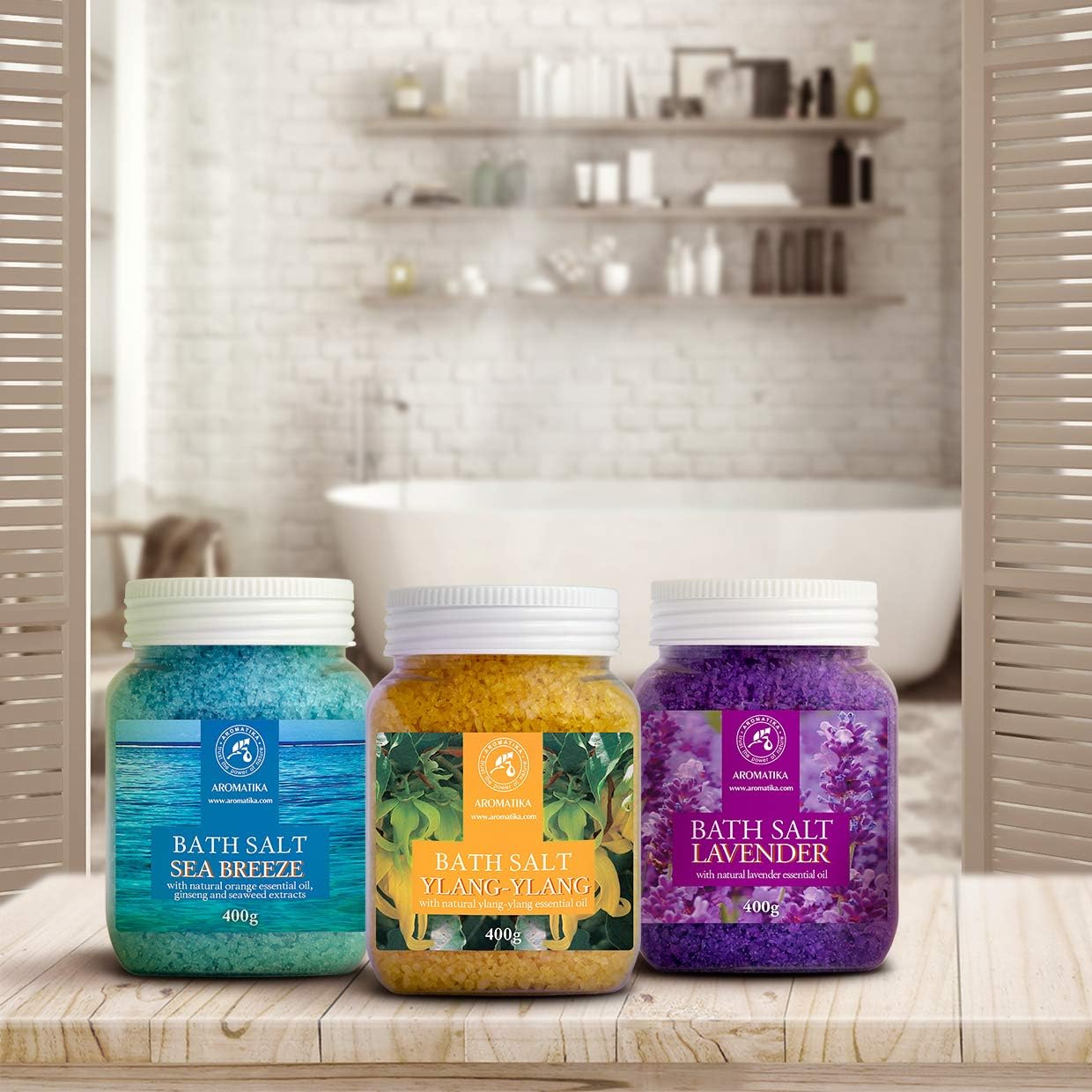 Bath Salts Set 42 Oz - Lavender - Sea Breeze - Ylang-Ylang - 100% Natural Essential Oil - Bathing - Body Care - Beauty - Relaxation - Spa