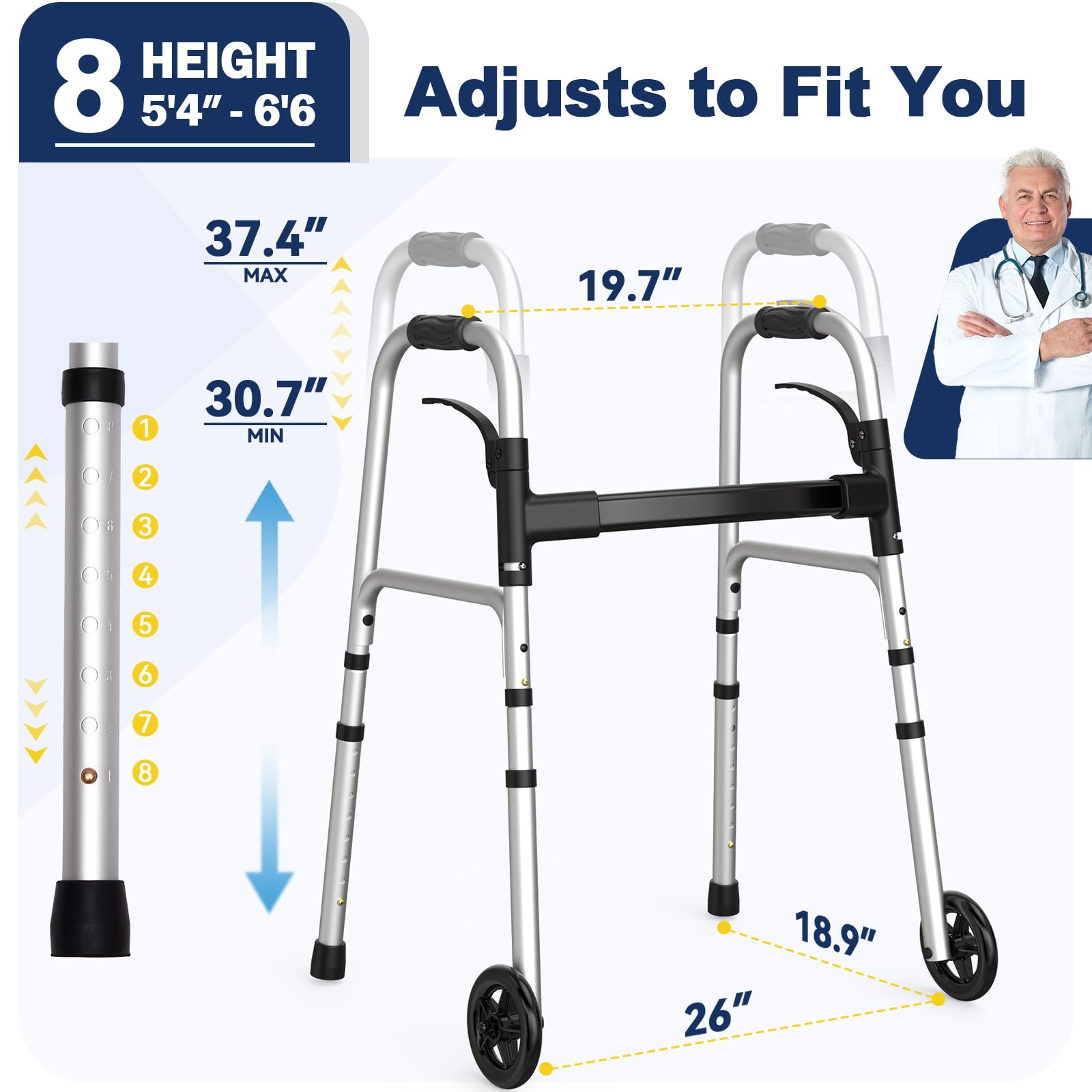 HolyHeal Folding Walker with 2 Precut Tennis Balls, Lightweight Walkers for Seniors with Wheels, Support Up to 350 lbs, Height Adjustable Standard Compact Walker & Ski Glides