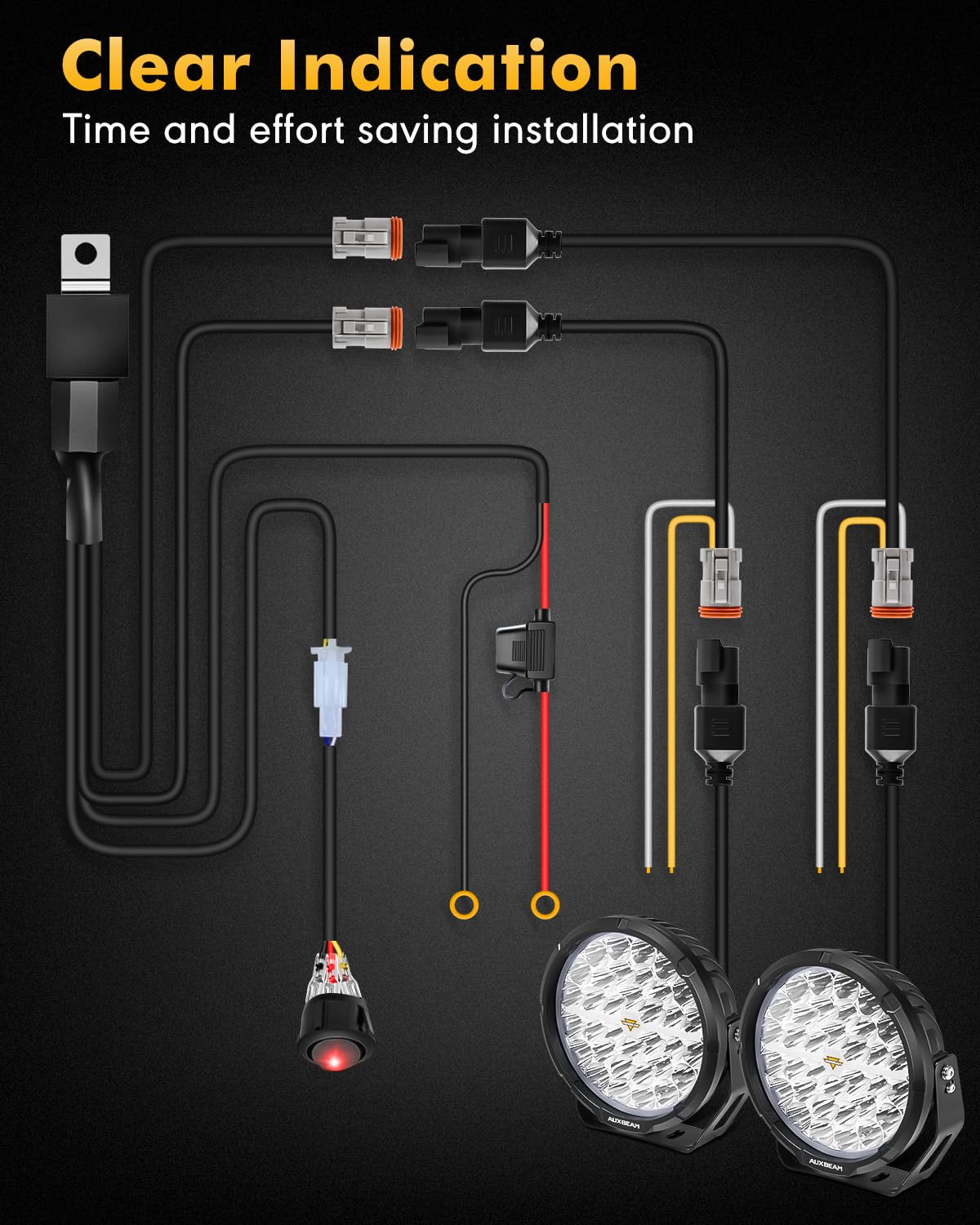 Auxbeam RAY-L Series 9 Inch LED Off-Road Lights, Amber White DRL 3 Modes, 318W 34180LM Round Offroad Lighting, Spot Beam Automotive Light Bar, for 4x4 Truck SUV ATV UTV, Pair
