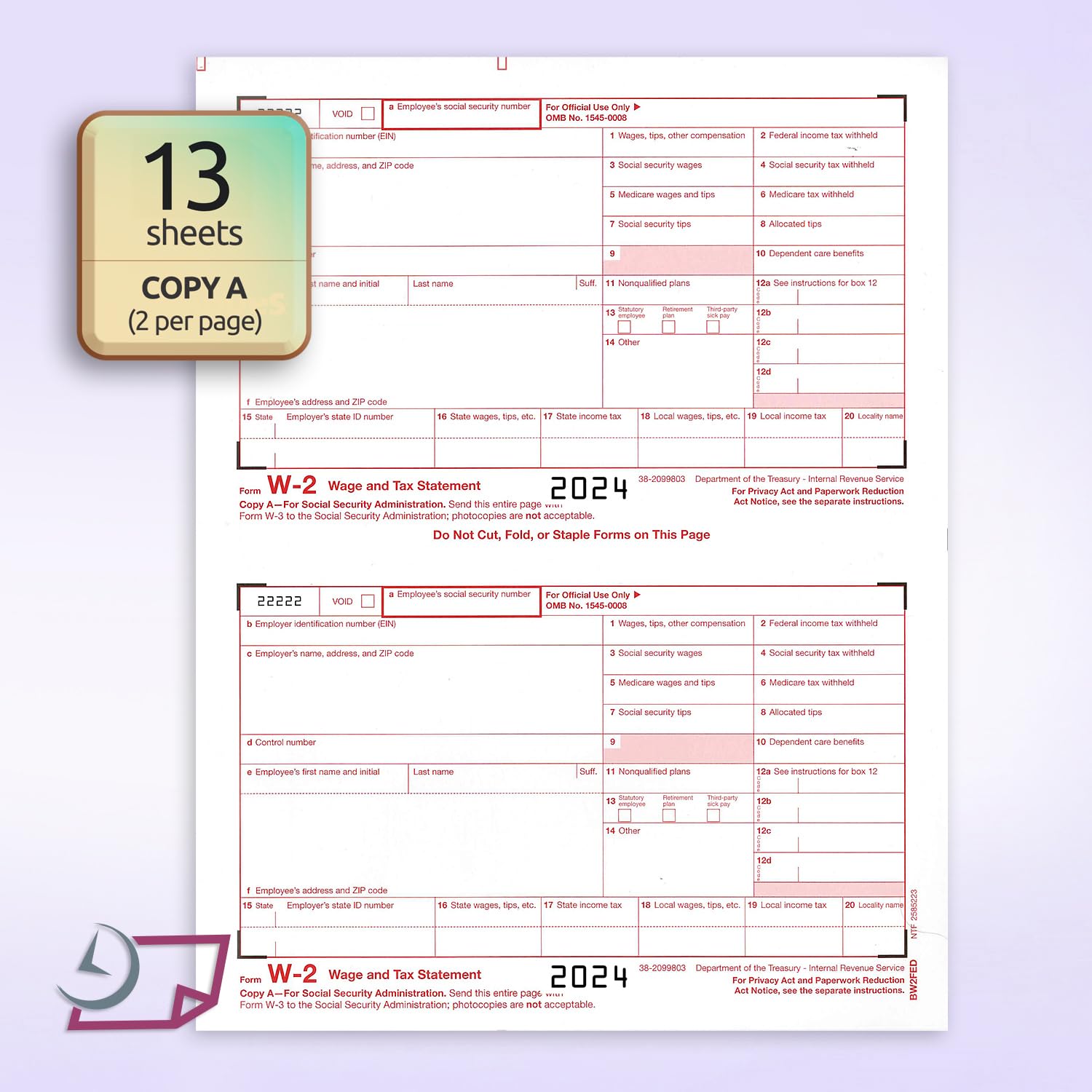W2 Forms for 2024, 4 Part Tax Forms, Laser Ink/Jet Forms for QuickBooks and Accounting Software (Set of 25 with Self Seal Envelopes)