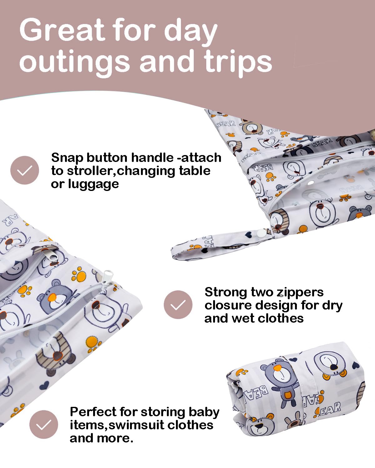 ALVA ALVABABY 3pcs Cloth Diaper Wet Dry Bags Waterproof Reusable with Two Zippered Pockets Travel Beach Pool Daycare Soiled Baby Items Yoga Gym Bag for Swimsuits or Wet Clothes 3L-SML11