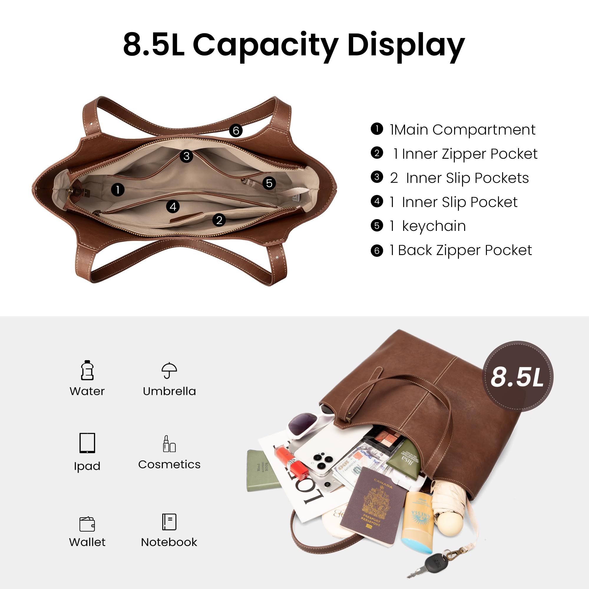 befen Genuine Leather Tote Bags for Women Work, Real Brown Leather Shoulder Handbags Zippered Satchel Purses with Adjustable Strap for Casual Shopping Travel Taupe, Brown