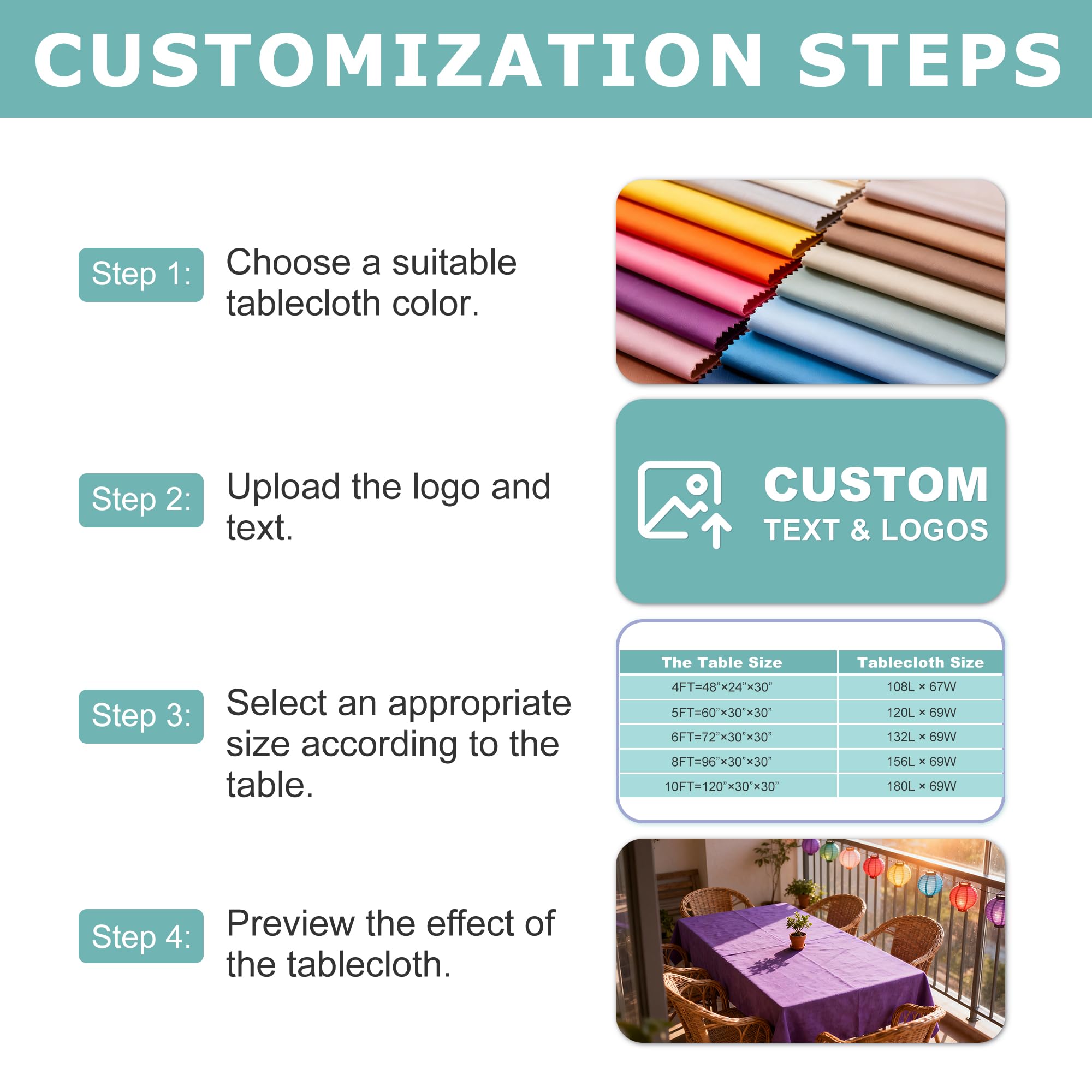 Custom Table Cloth with Business Logo, Personalized Table Cloth with Logo for 4FT 5FT 6FT 8FT 10FT, Ideal for Tradeshow Events, School, Associations, Birthday Party & Wedding (4FT Open Back)