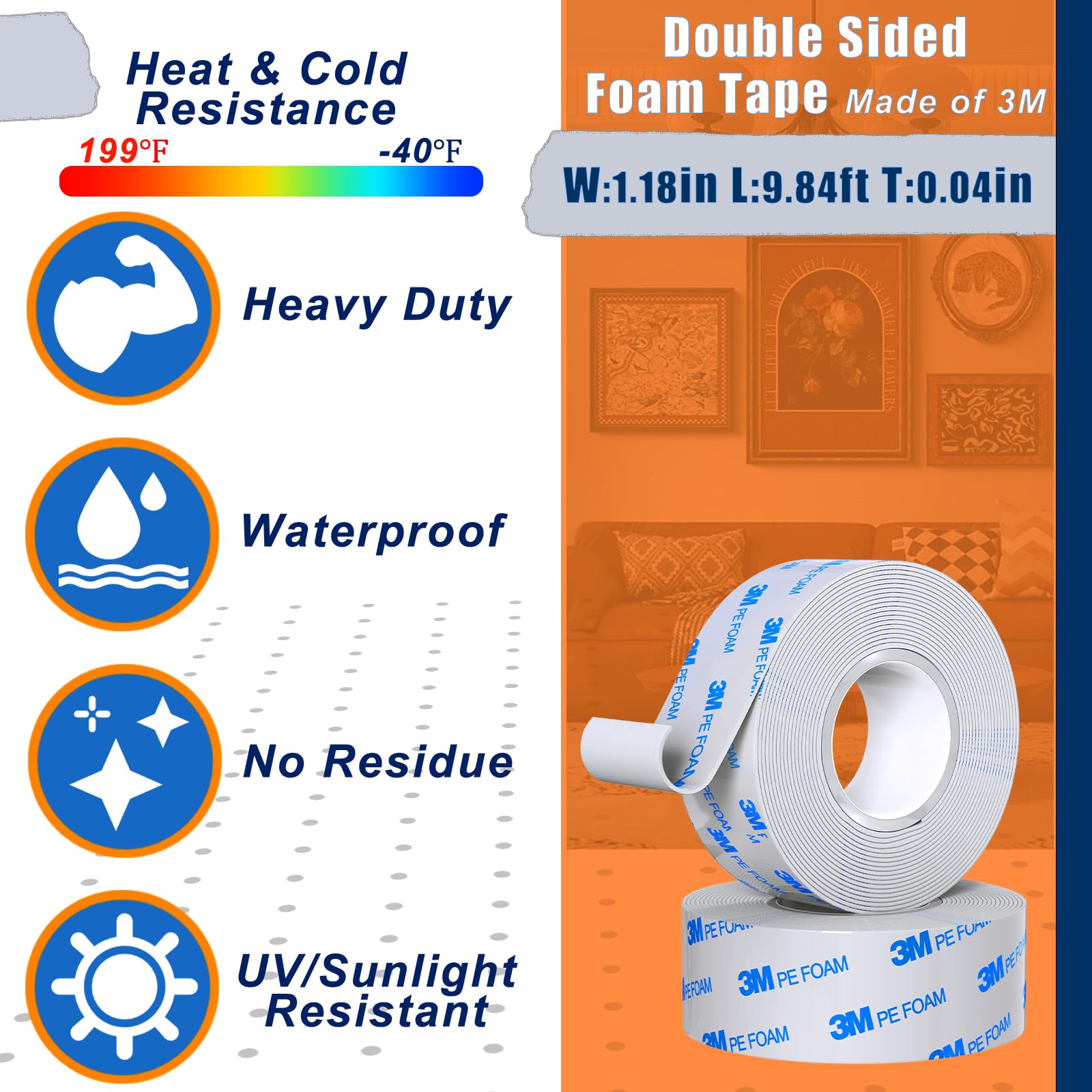 PHIXBEAR Heavy Duty Double Sided Tape, Made of 3M - Removable & No Damage, Waterproof, 1.18in x 19.68ft 2 Rolls, Ideal for Home & Auto