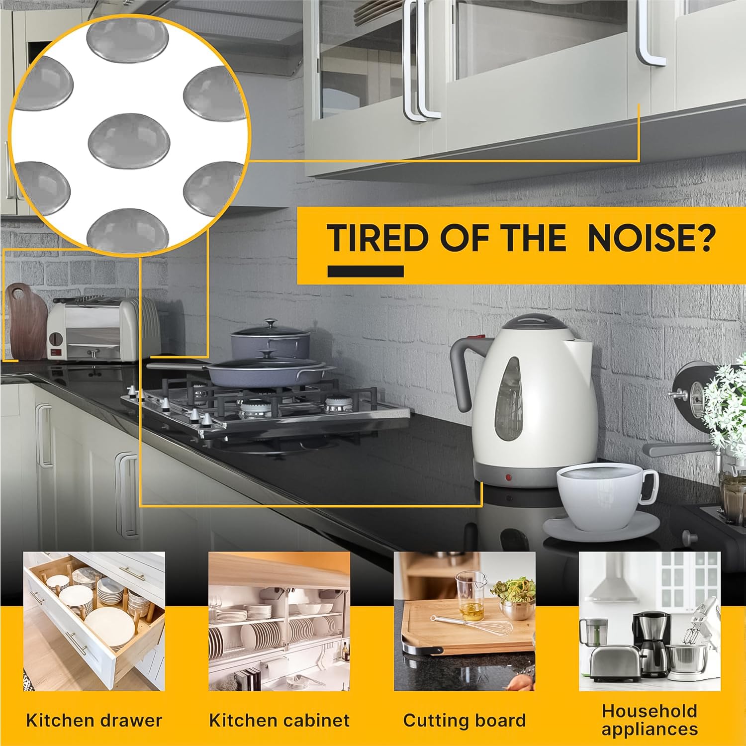 Vellax Cabinet Door Bumpers 128 Pcs - Grey Self Adhesive Pads, Cabinet Stoppers, Rubber Bumpers for Drawers, Cupboards, Cutting Boards, Glass Tops, Picture Frames, Kitchen Furniture (Hemispherical)