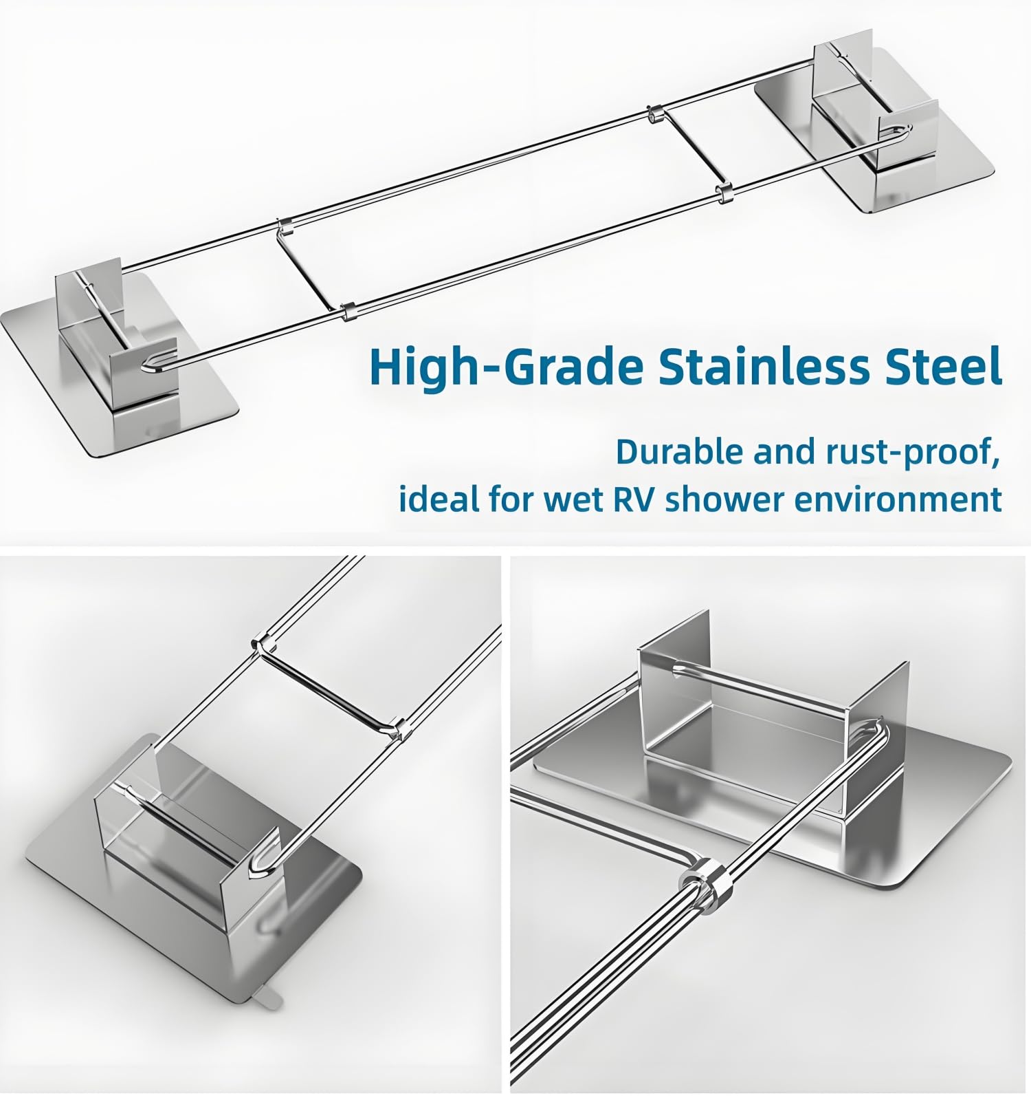 WanDwel RV Shower Corner Bar Adjustable 7-13 Inches Stainless Steel Camper Bathroom Caddy Storage Organizer, Pre-Applied Adhesive for Easy Install 2 Pack