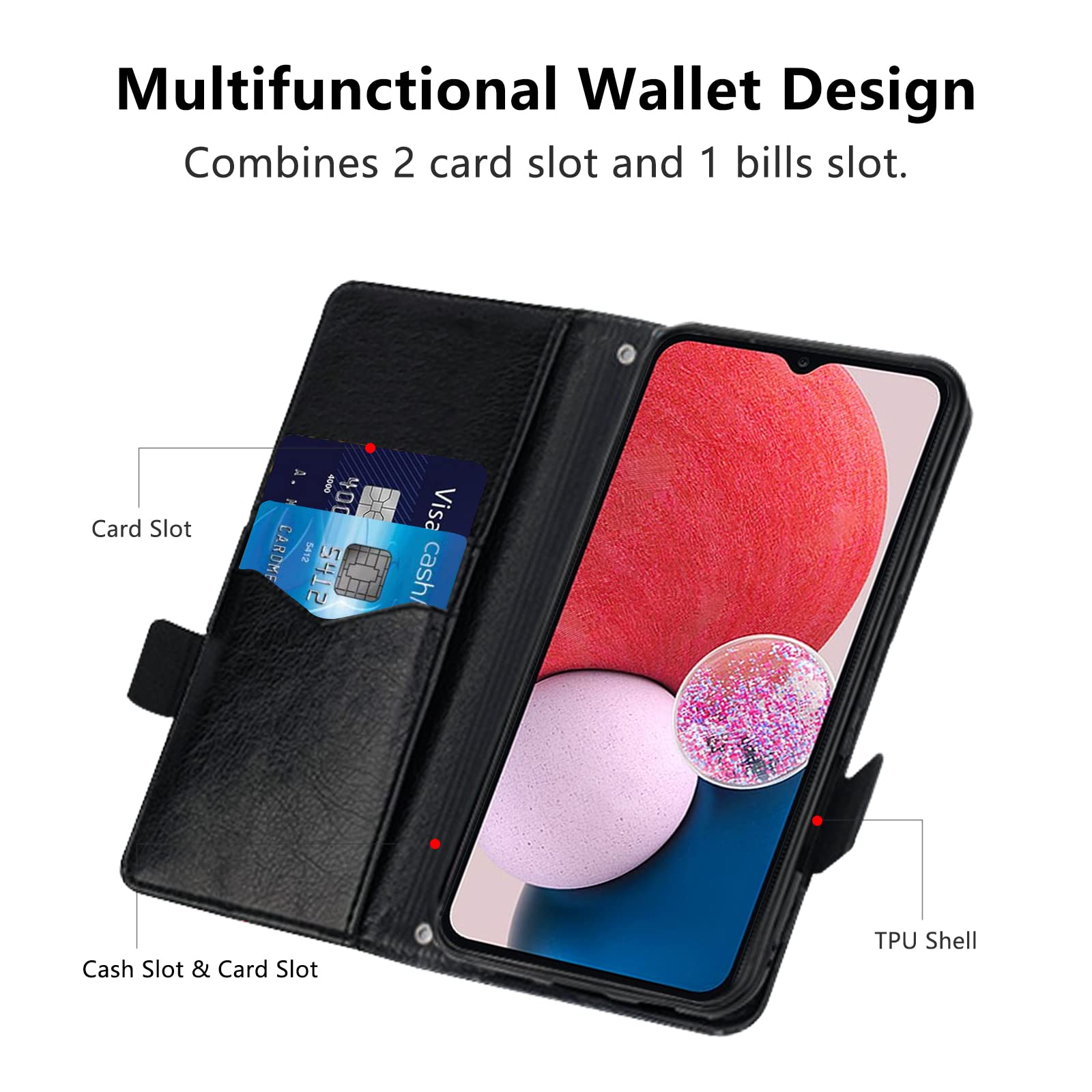 for Samsung Galaxy A34 5G Case, Magnetic Leather Card Slots Galaxy A34 5G Wallet Phone Case, Flip Silicone TPU Bumper Protective Cover with Kickstand, Shockproof Folio Book Case for Samsung A34 Black
