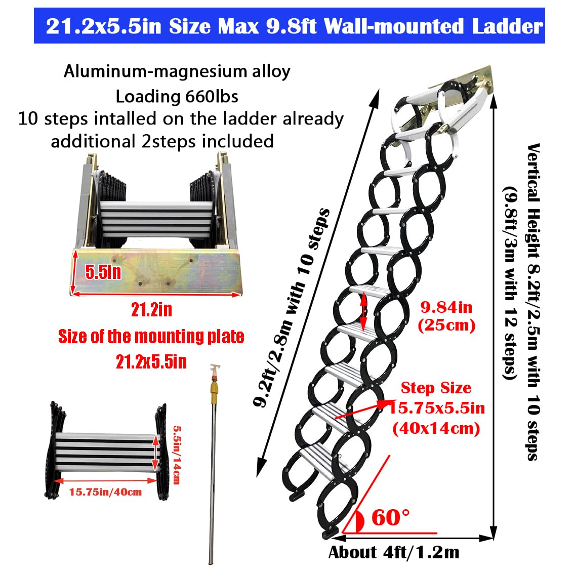 Black Folding Ladder Extension Loft Stairs Narrow Wall-Mounted Attic Loft Stairs Attic Stairs 8.2-9.8ft Vertical Height Pulldown Wall Telescopic Fold Ladder 21.2x5.5in Size, 10+2=12 Steps