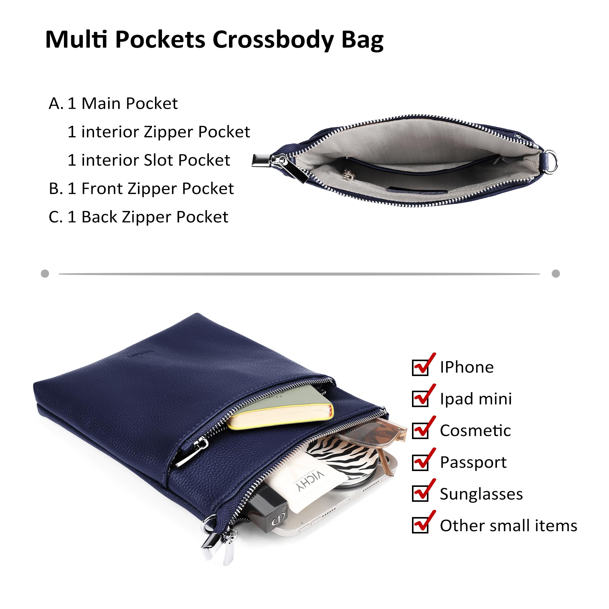 befen Small Navy Blue Genine Leather Crossbody Purses for Woman Travel Shoulder Bags with Multiple Zipper Pockets