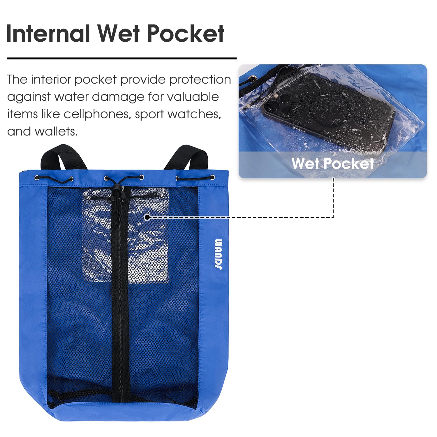 WANDF Swim Bag Mesh Drawstring Backpack Beach Backpack for Swimming, Gym, and Workout Gear(Navy blue.)