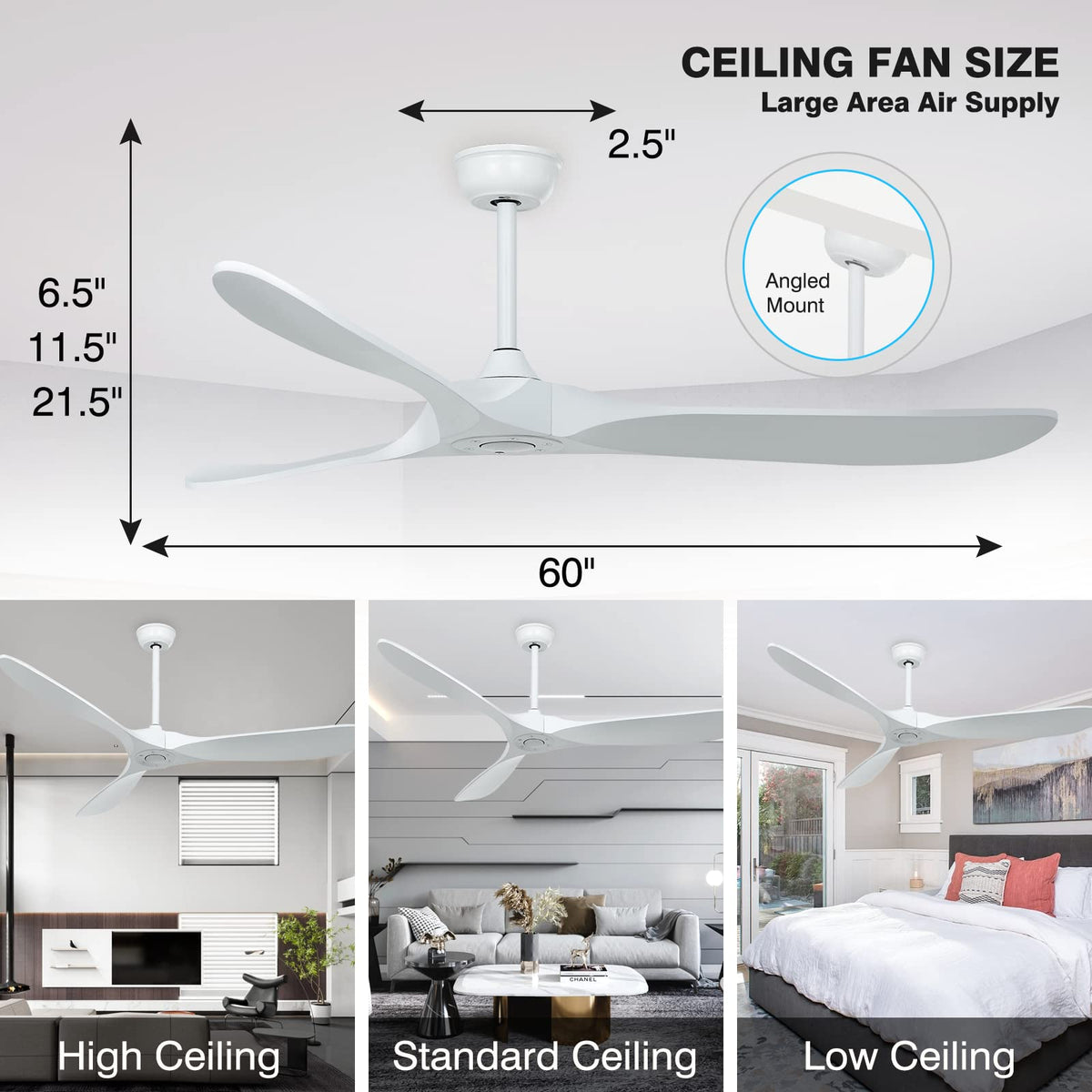 HUMHOLD 60" Wood Ceiling Fan no Lights with Remote, Reversible DC Motor 6-Speed Ceiling Fan, 3 Wood Fan Blades White Ceiling Fan without Light, Modern Propeller Ceiling Fans for Bedroom/Living Room