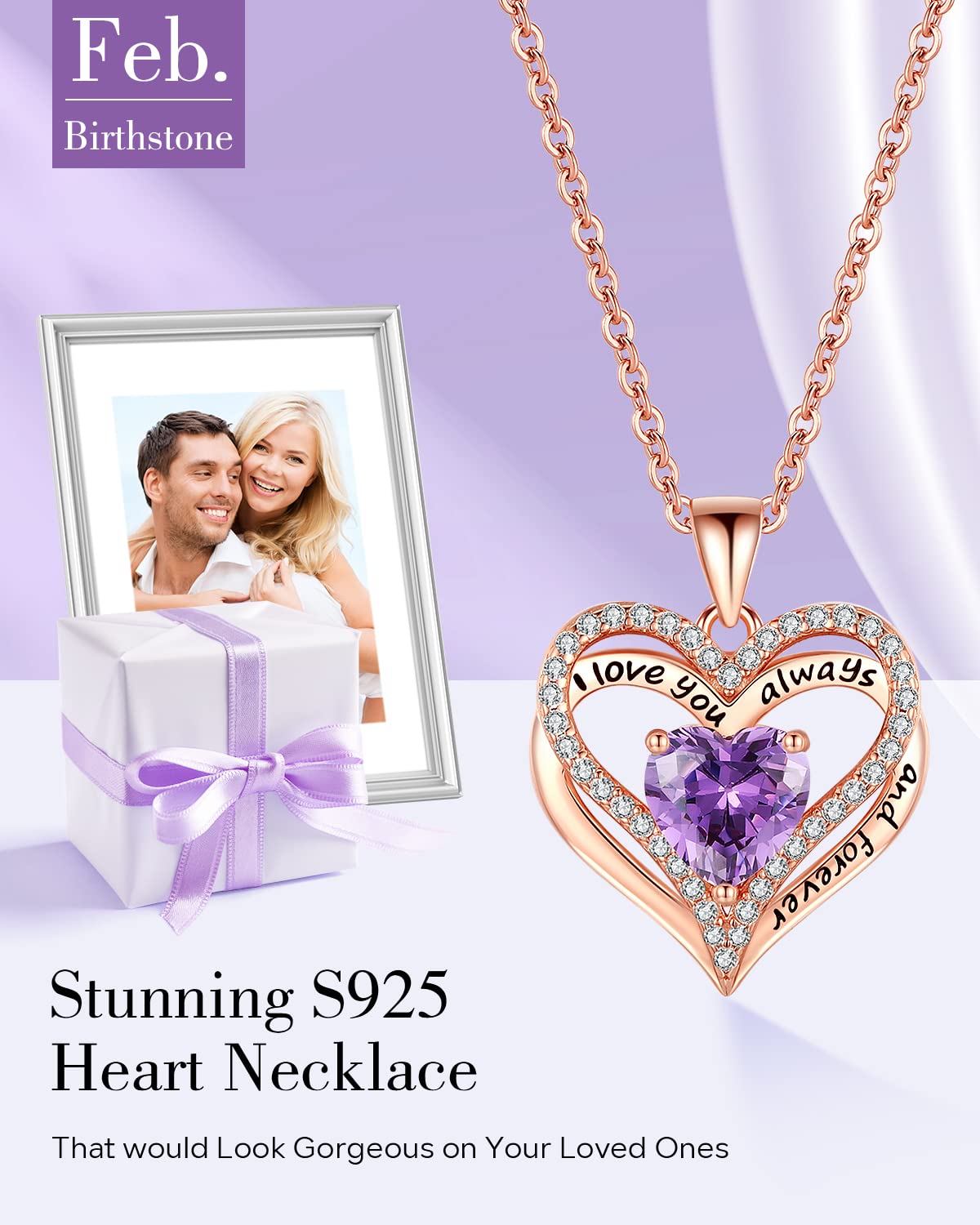 S925 Sterling Silver Necklace for Women, Wife Jewelry Birthday Christmas Gifts, Rose Gold Anniversary Necklaces, Daughter Heart Jewel, Gift for Her, Feb