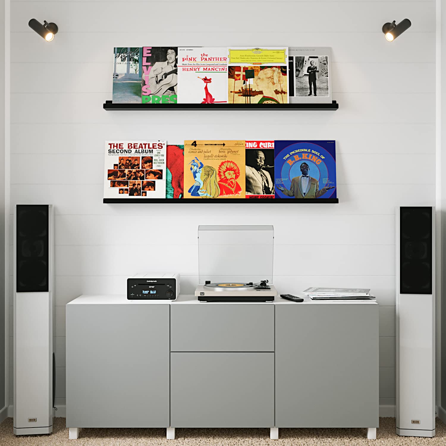 Wallniture Boston 46" Floating Shelves for Wall Decor, Picture Ledge Shelves for Living Room, Nursery, Vinyl Record Holder Black Floating Bookshelf Set of 2