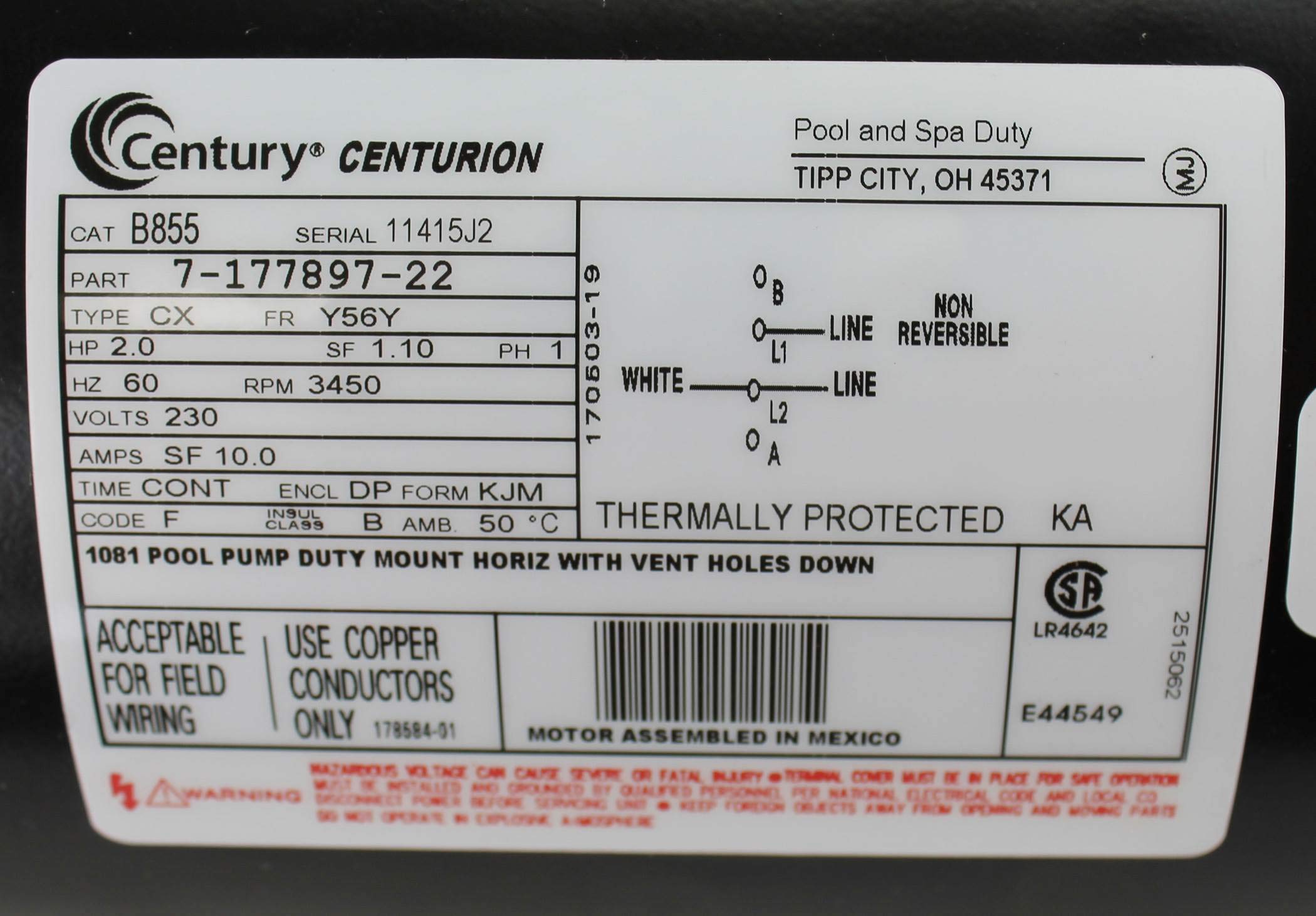 Century Electric Motor PSC, Up-Rated, Single-Speed, Switchless, 2HP, 3450RPM, 230V, 10 AMPS, 1.1SERVICE Factor, Square Flange