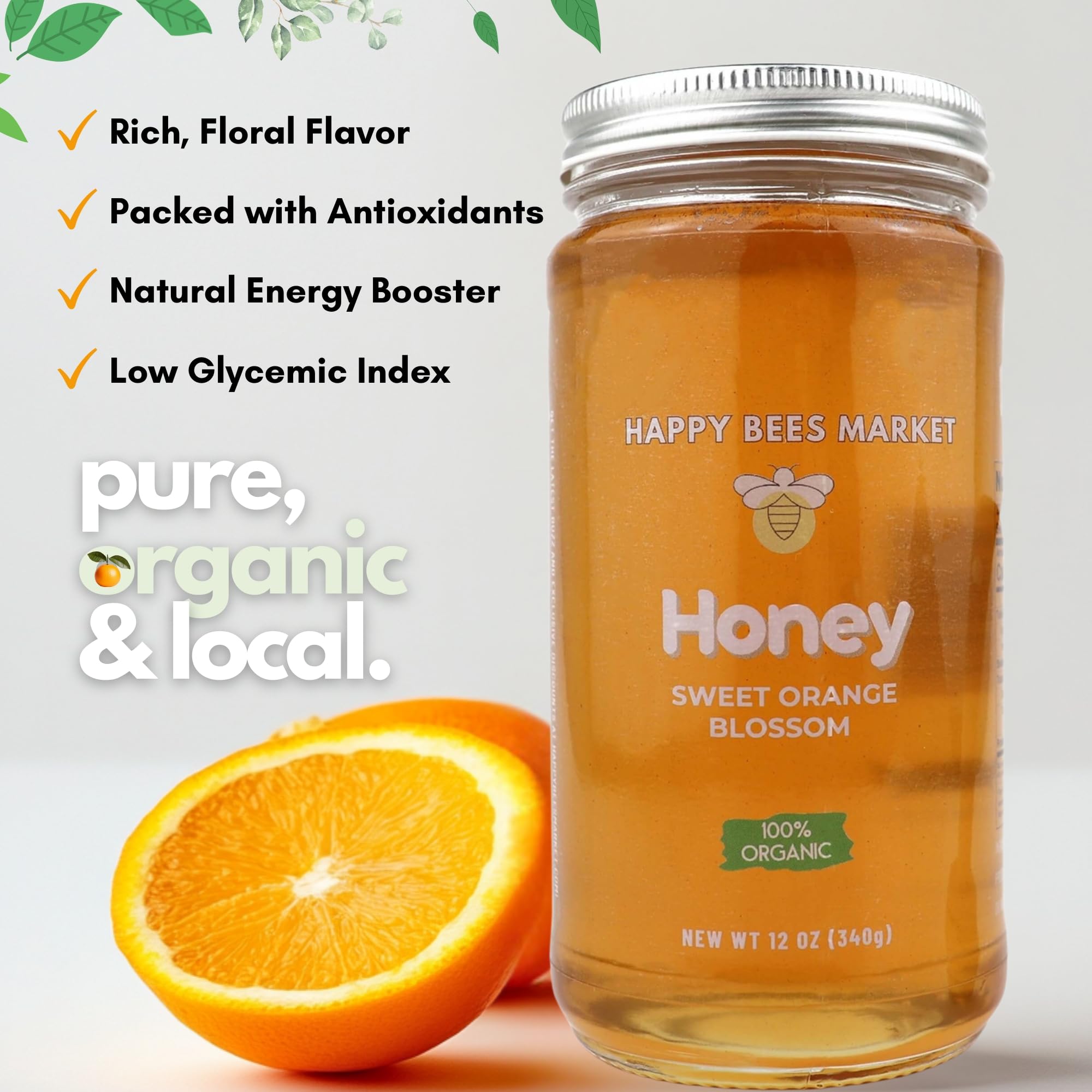 Happy Bees Market Orange Blossom Honey – Pure, Raw, and Unfiltered | 100% Organic Arizona Orange Blossom Honey