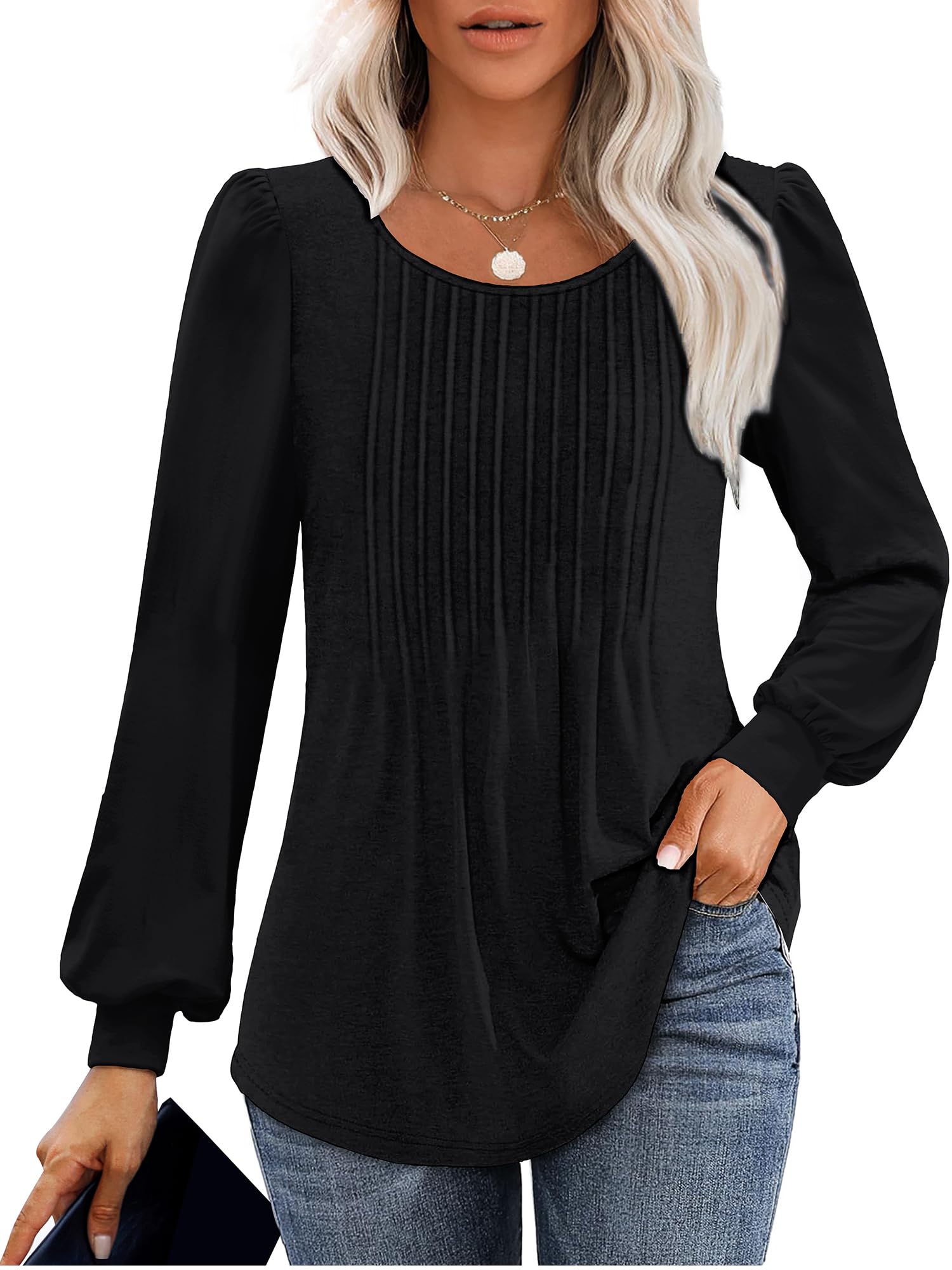 Long Sleeve Shirts for Women Fall Fashion 2025 Womens Tunic Tops Pleated Crew Neck Puff Sleeve Blouses Dressy Casual (Black,L)