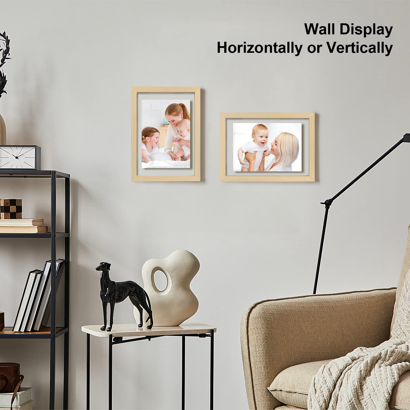 Egofine 5x7 Floating Frames Set of 2, Double Glass Picture Frame, Made of Solid Wood Display Any Size Photo up to 5x7, Wall Mount or Tabletop Standing, Natural Wood