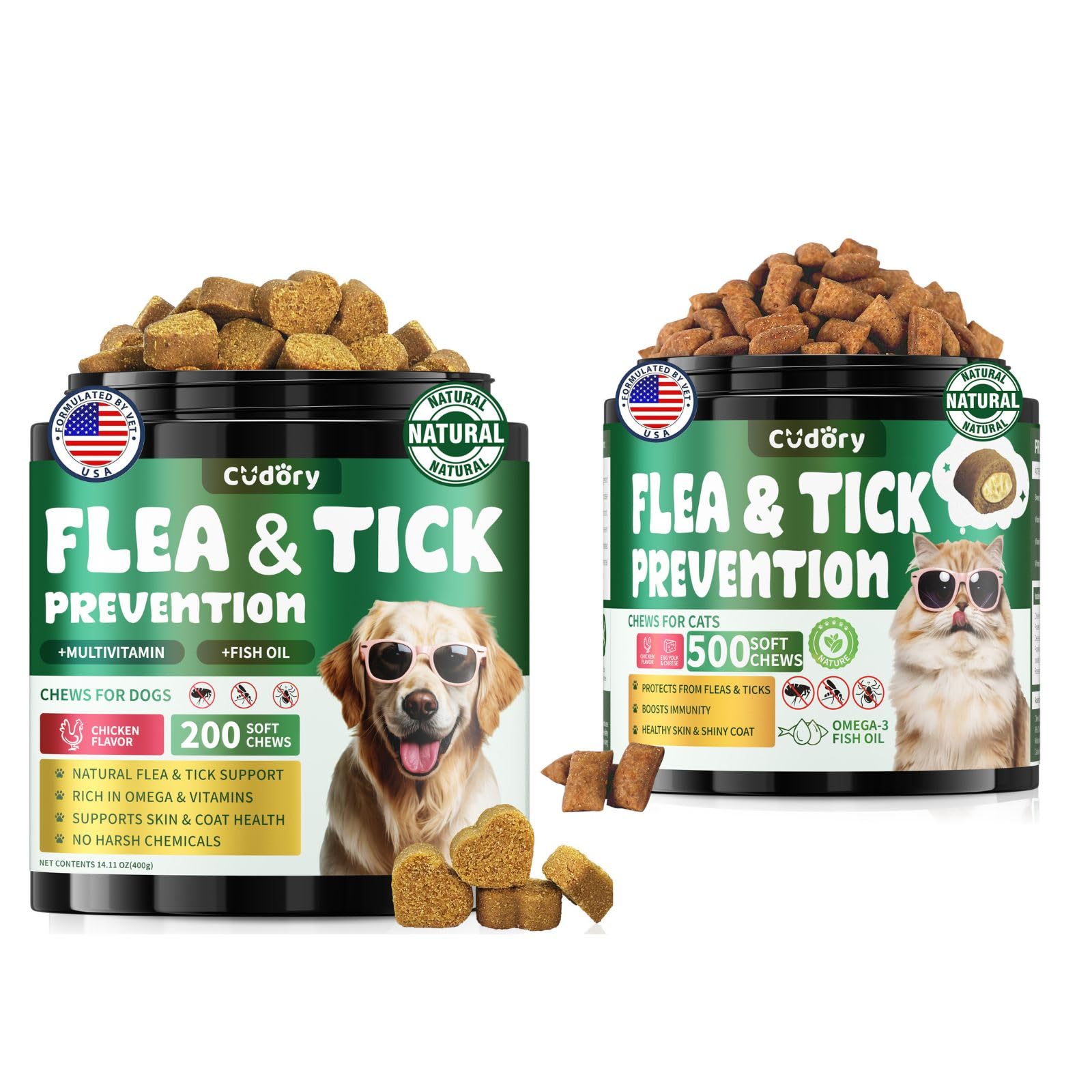 Flea and Tick Prevention for Dogs & Flea and Tick Prevention for Cats, Flea and Tick Support with Vitamins & Fish Oil, Oral Flea Chews Supplement -All Breeds