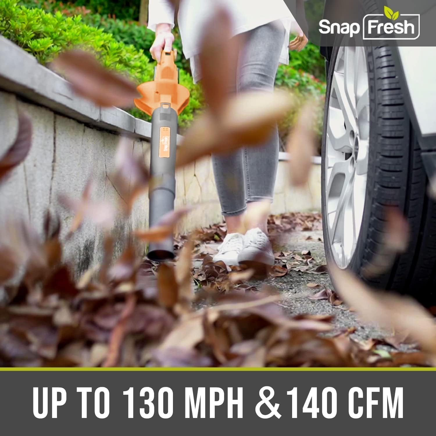 SnapFresh Cordless Leaf Blower - 20V Electric Leaf Blower with 2.0 Ah Battery and Charger - Lightweight 2-Speed Leaf Blower for Lawn Care and Yard/Garden/Patio Cleaning (Orange)