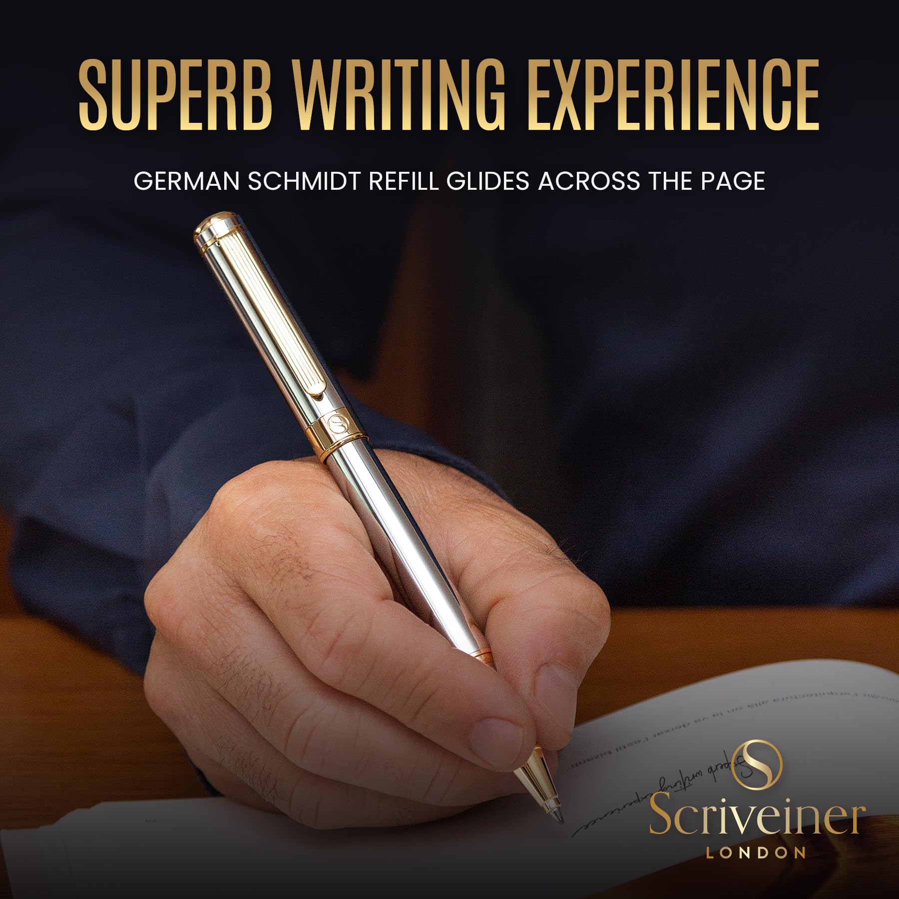 Scriveiner Silver Chrome Rollerball Pen - Stunning Luxury Pen with 24K Gold Finish, Schmidt Ink Refill, Best Roller Ball Pen Gift Set for Men & Women, Professional, Executive Office, Nice, Fancy Pens