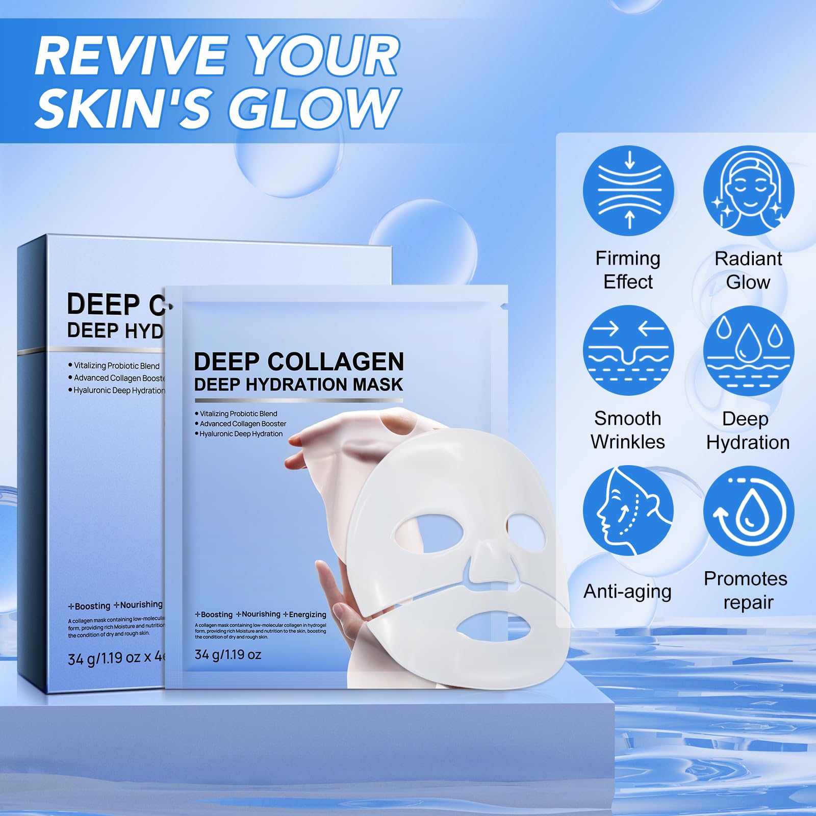 GOGIFTGO Collagen Face Mask,Collagen Real Deep Mask,Collagen Mask,Deep Hydrating Anti Wrinkle Lifting M-ask,Hydrogel M-asks for All Skin Types 34g*4ea