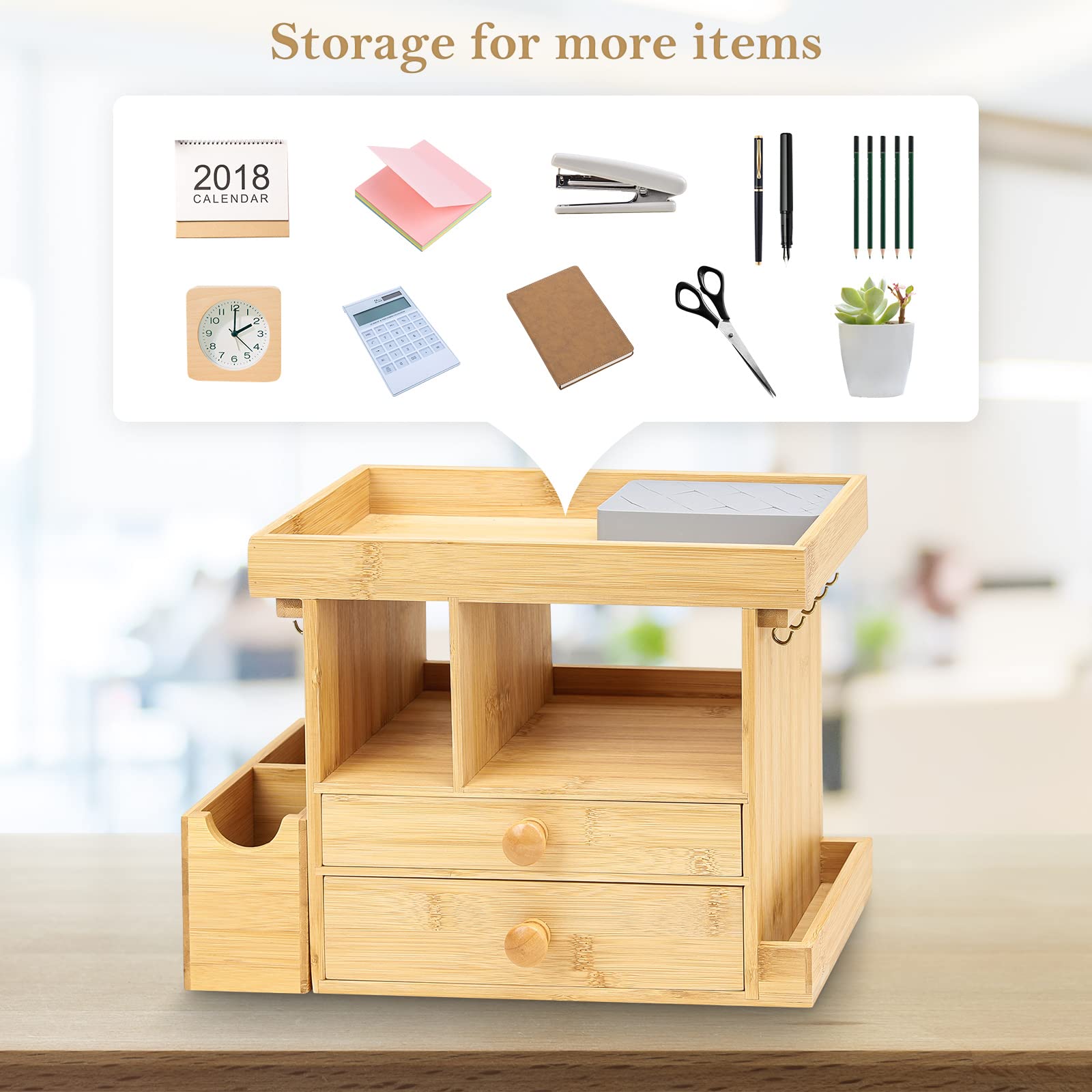 Homde Bamboo Makeup Organizer Cosmetic Jewelry Storage Organizer Multi-Function Make up Box Stand for Vanity, Desk, Bathroom, Bedroom with Hooks,Drawer,Silicone Lipstick Holder