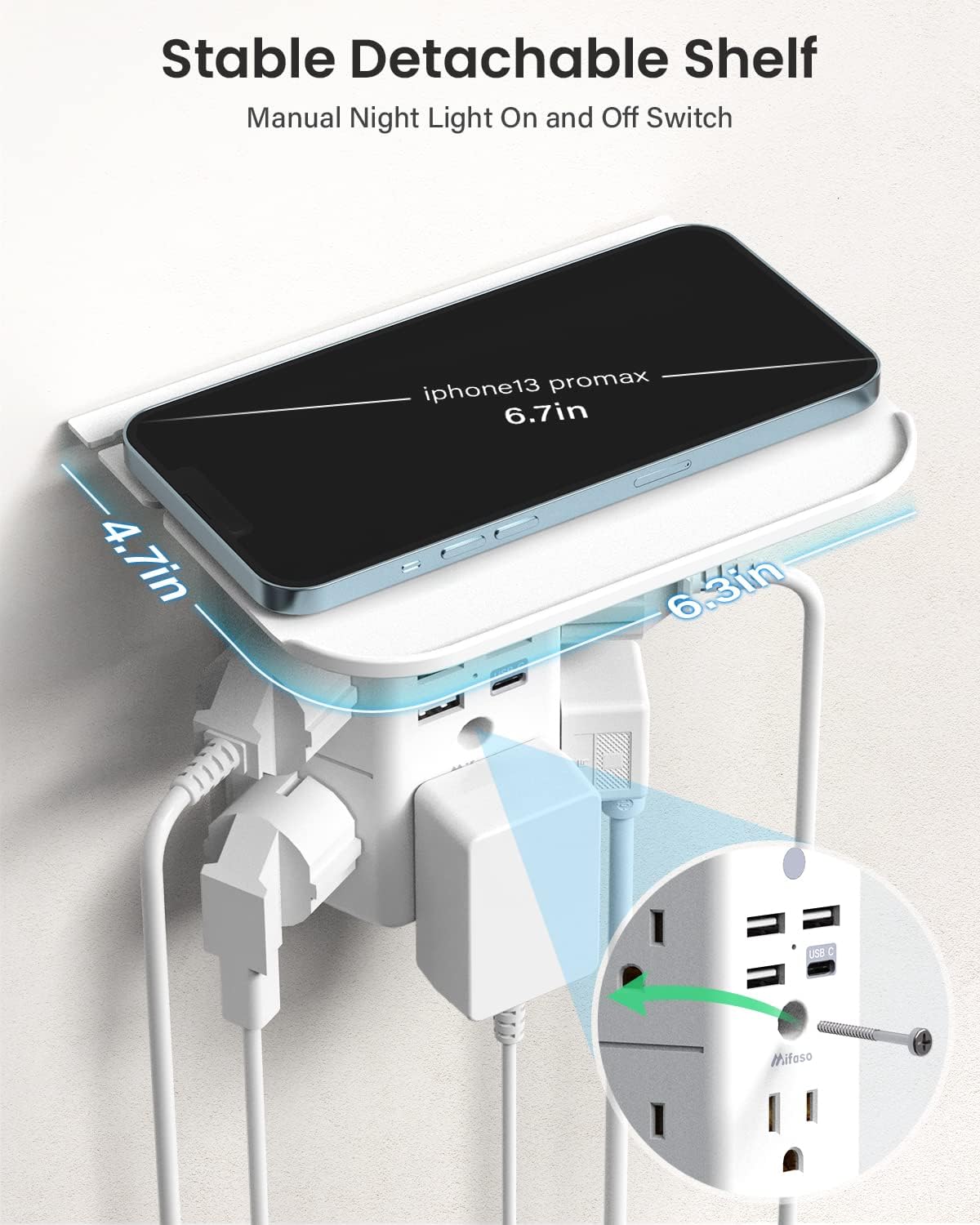 Wall Outlet Extender with Shelf and Night Light, Surge Protector, Wall Mount Charger Multi Plug Expander with 5 AC Outlets and 3 USB A Ports 1 USB C, Wide Space 3-Sided Power Strip Multi Plug Outlets