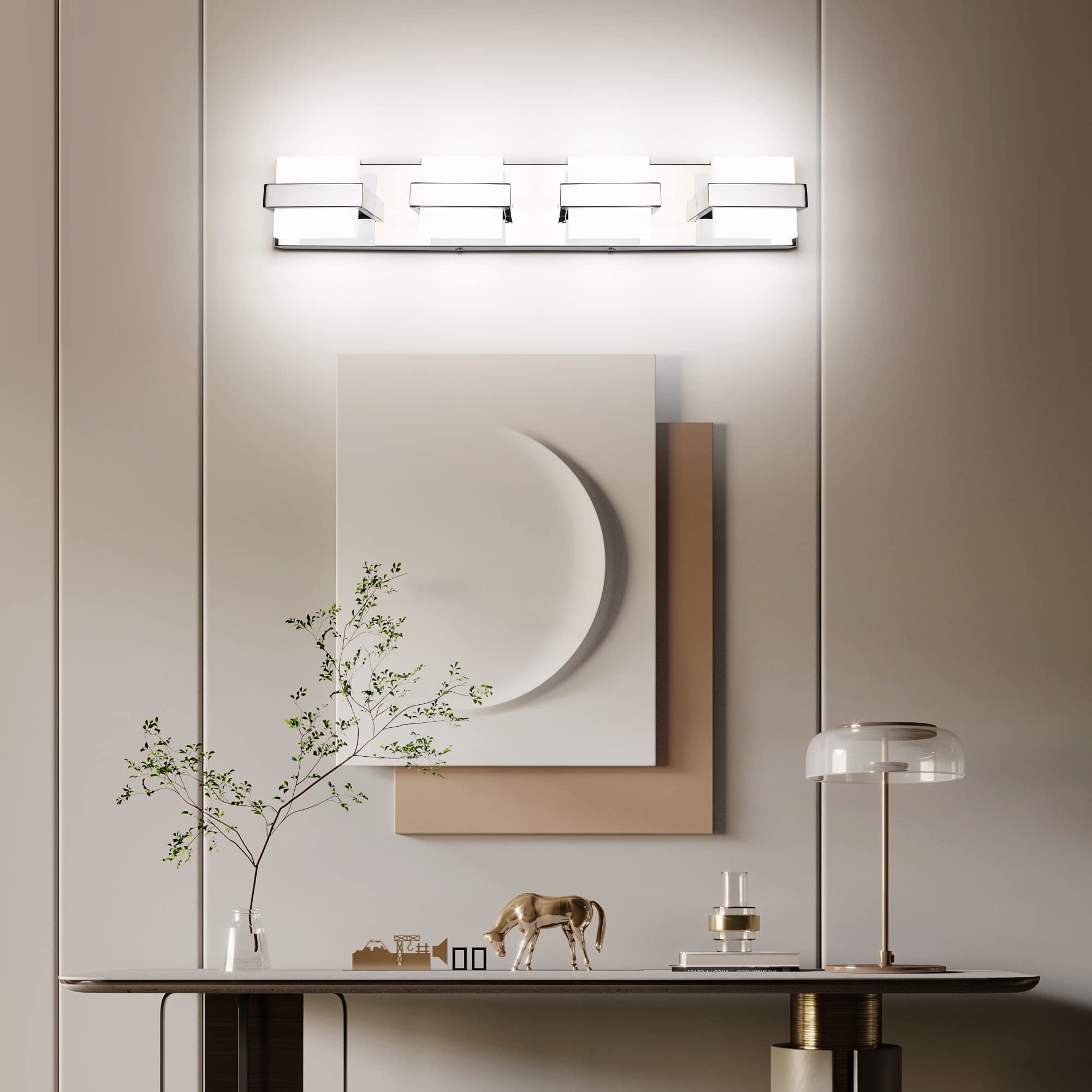 SOLFART 4 Lights Chrome Bathroom Light Fixtures Modern LED Bathroom Light Vanity Lights Over Mirror 27 inch White Light Dimmable