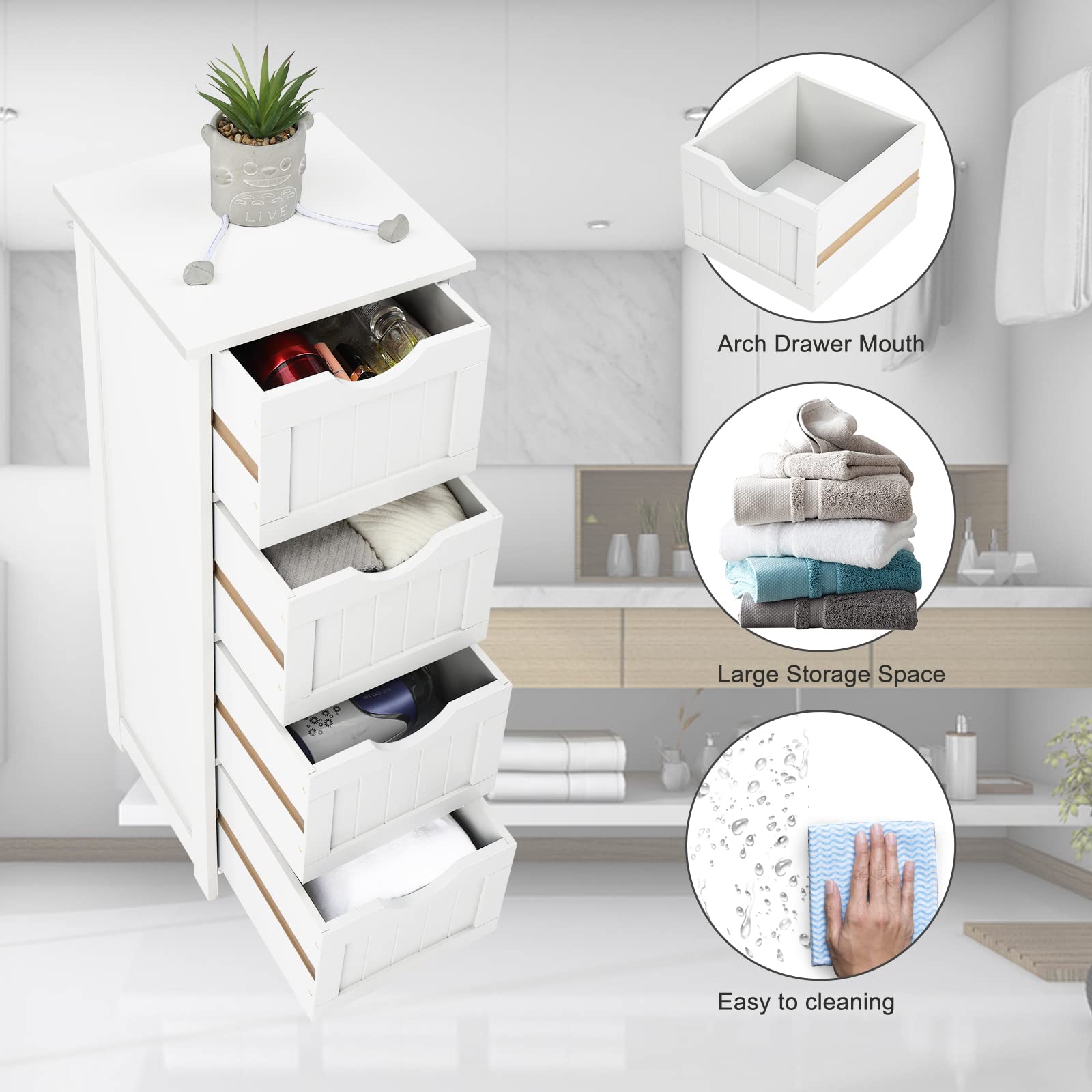 VINGLI White Bathroom Storage Cabinet with 4 Drawers Wooden Freestanding Slim Bathroom Floor Cabinet Small Side Organizer Storage Unit for Restroom Livng Room Kitchen Office Hallway Entryway