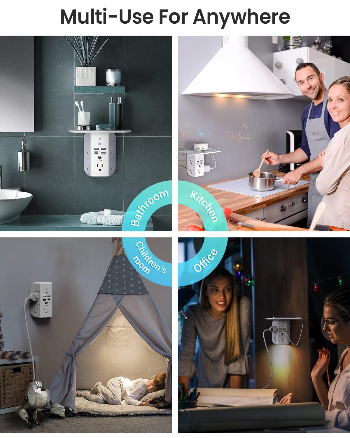 Wall Outlet Extender with Shelf and Night Light, Surge Protector, Wall Mount Charger Multi Plug Expander with 5 AC Outlets and 3 USB A Ports 1 USB C, Wide Space 3-Sided Power Strip Multi Plug Outlets