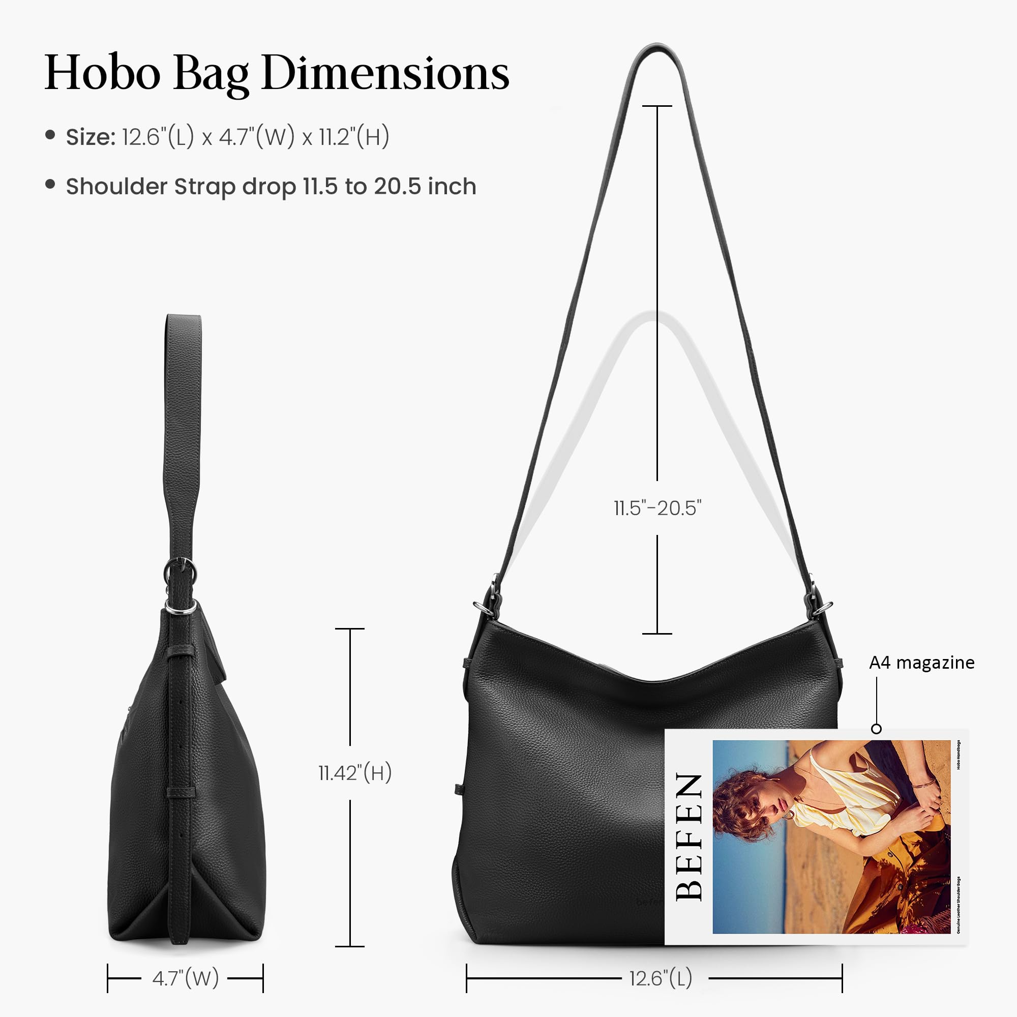 befen Black Genuine Leather Hobo Bags Purse for Women, Womens Crossbody Bag Leather Purses Shoulder Handbags with Adjustable Shoulder Strap