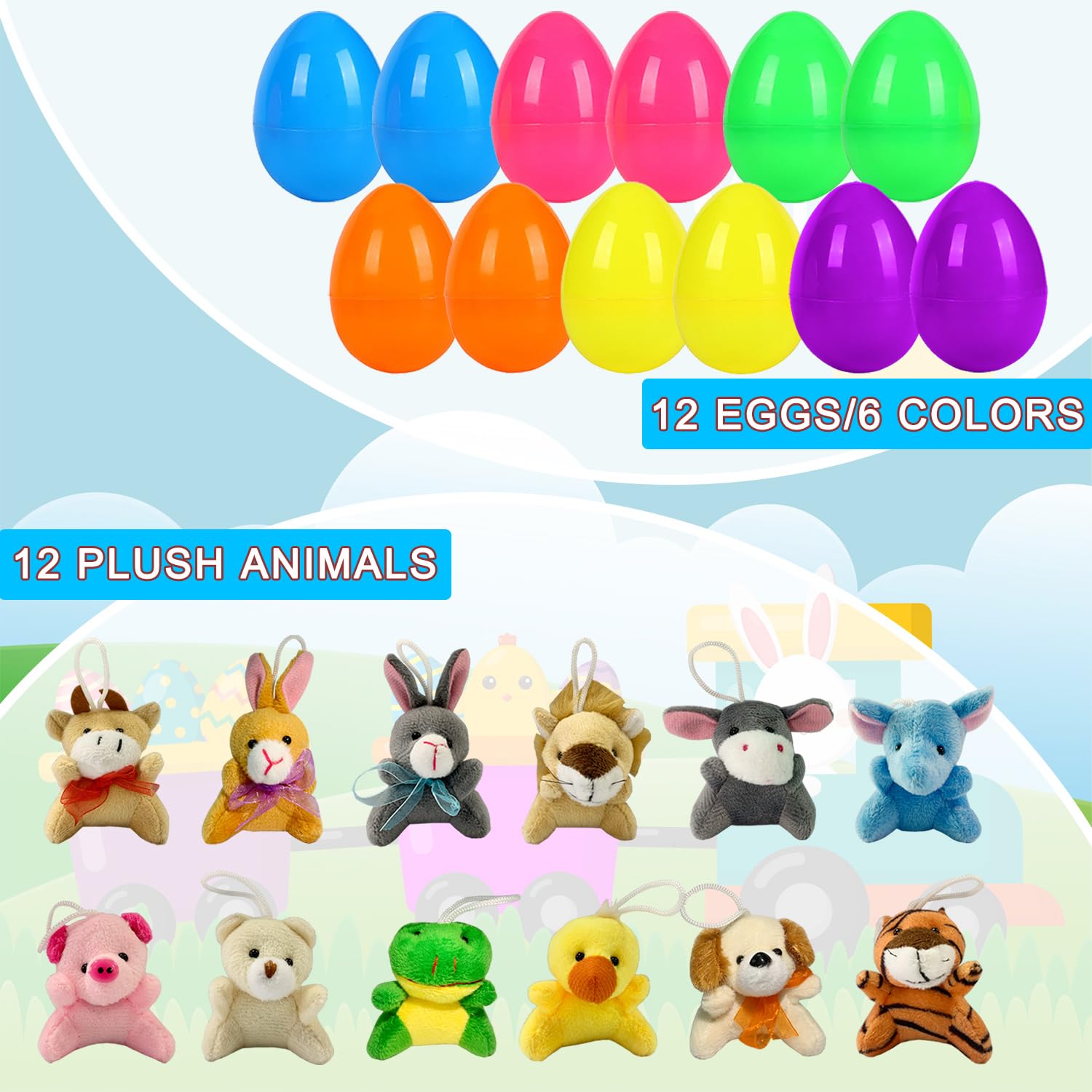 JIALWEN 12 Pack Filled Easter Eggs with Plush Animal, Easter Basket Stuffers Plastic Easter Eggs Prefilled Surprise Plush Toys Easter Gifts Hunt Party Favors for Toddler Boys Girls