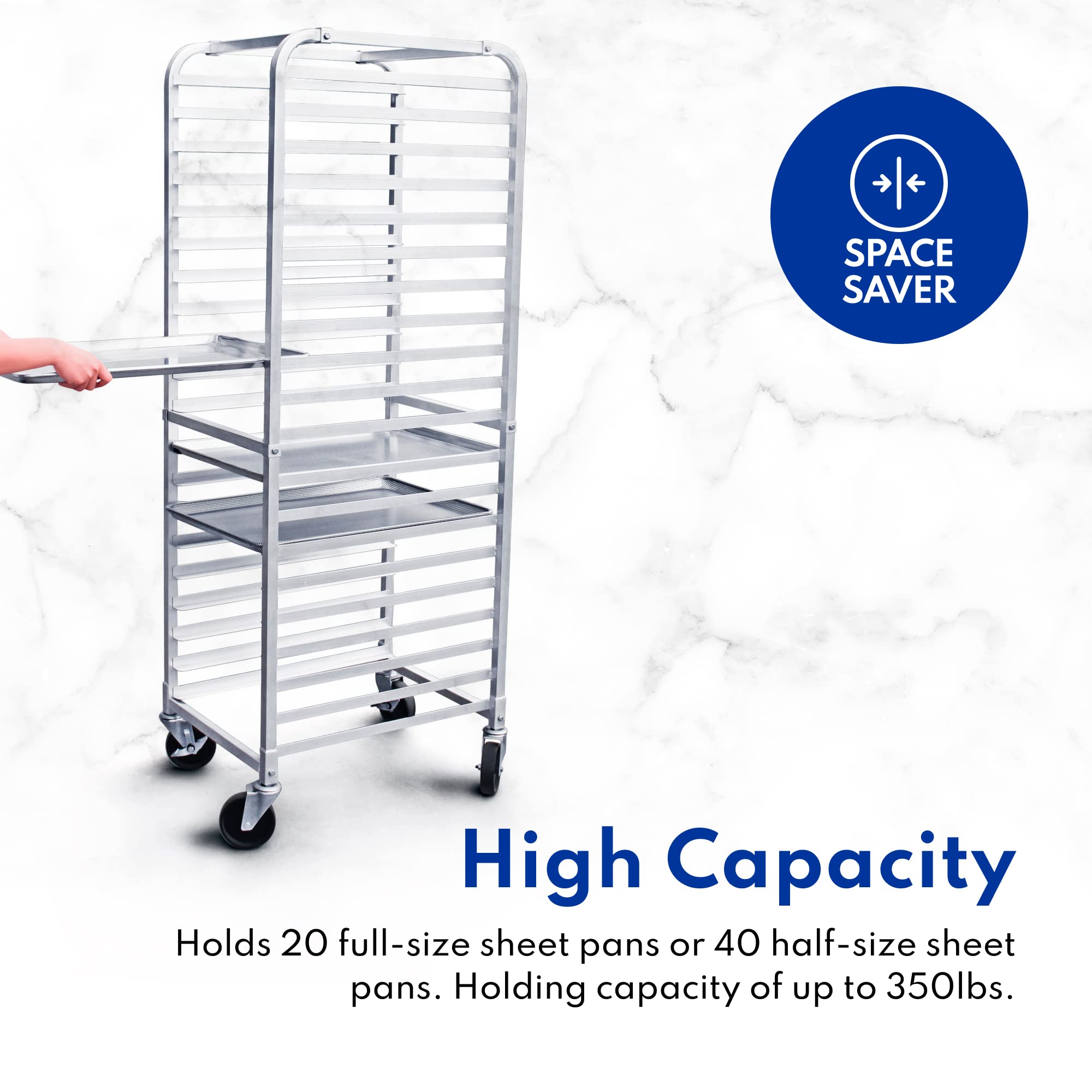 New Star Foodservice 36527 Commercial-Grade Aluminum 20-Tier Sheet Pan/Bun Pan Rack, 26" L x 20" W x 69" H with Brake Wheels Silver