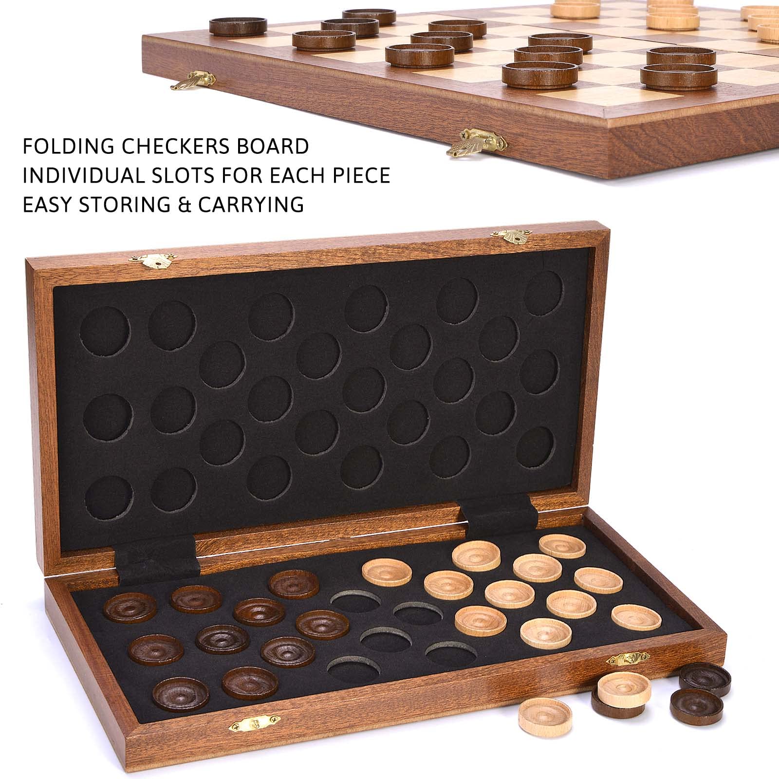 VAMSLOVE 14inch Checkers Folding Wooden Game Set, 8x8 Classic Checkerboard International Checkers Draughts Board 64 Square with Pieces Storage Slots (Instructions Included)