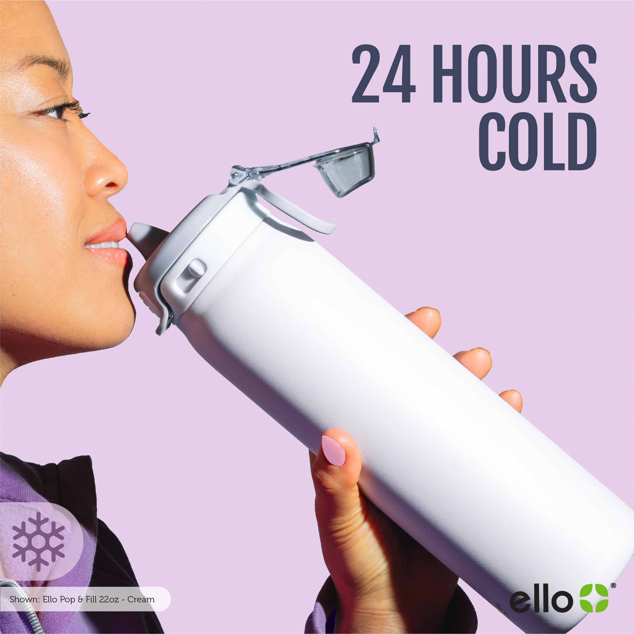Ello Pop & Fill 22oz Stainless Steel Water Bottle with Quick Fill Technology, Double Walled and Vacuum Insulated Metal, Leak Proof Locking Lid, Sip and Chug, Reusable, BPA Free, Sunset Meadow