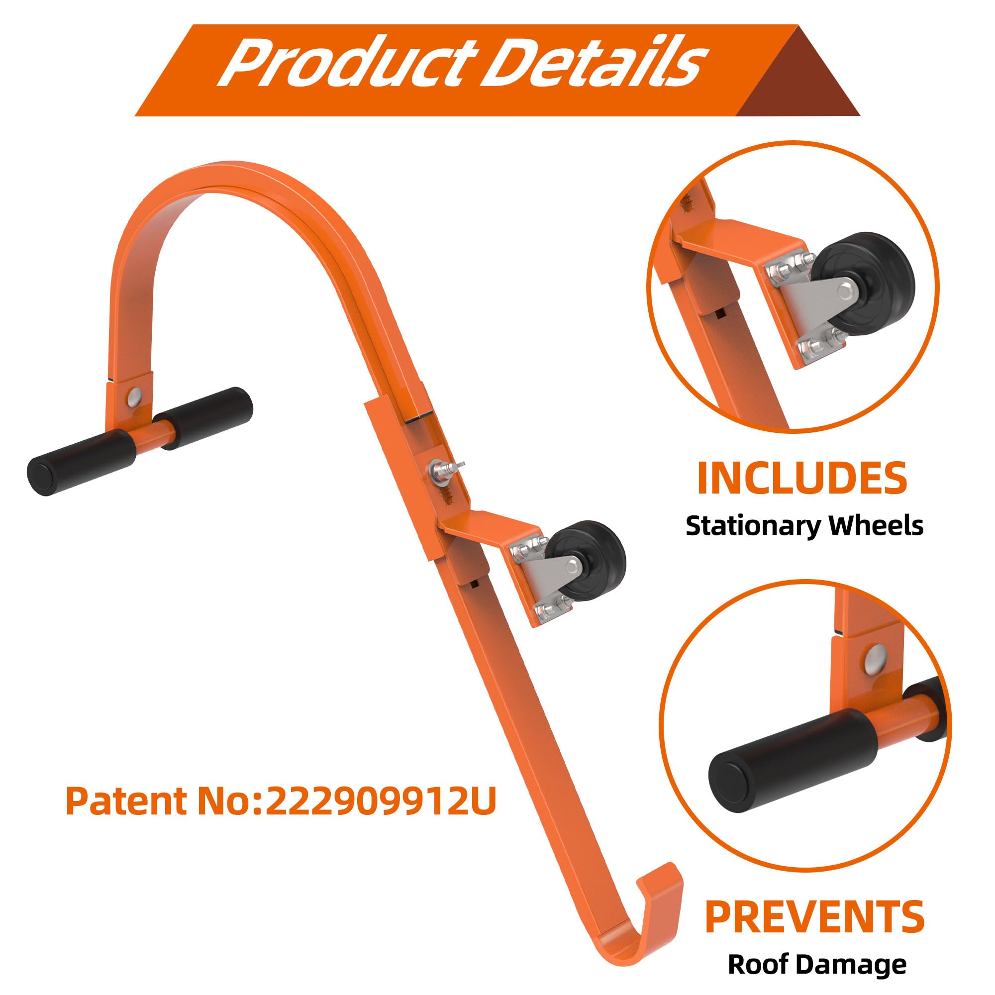 2 Pack Ladder Roof Hook with Wheel Heavy Duty Steel Ladder Stabilizer, Roof Ridge Extension, Rubber Grip T-Bar for Damage Prevention, 500 lbs Weight Ratin, Fast & Easy to Access Steep Roofs(Patent)