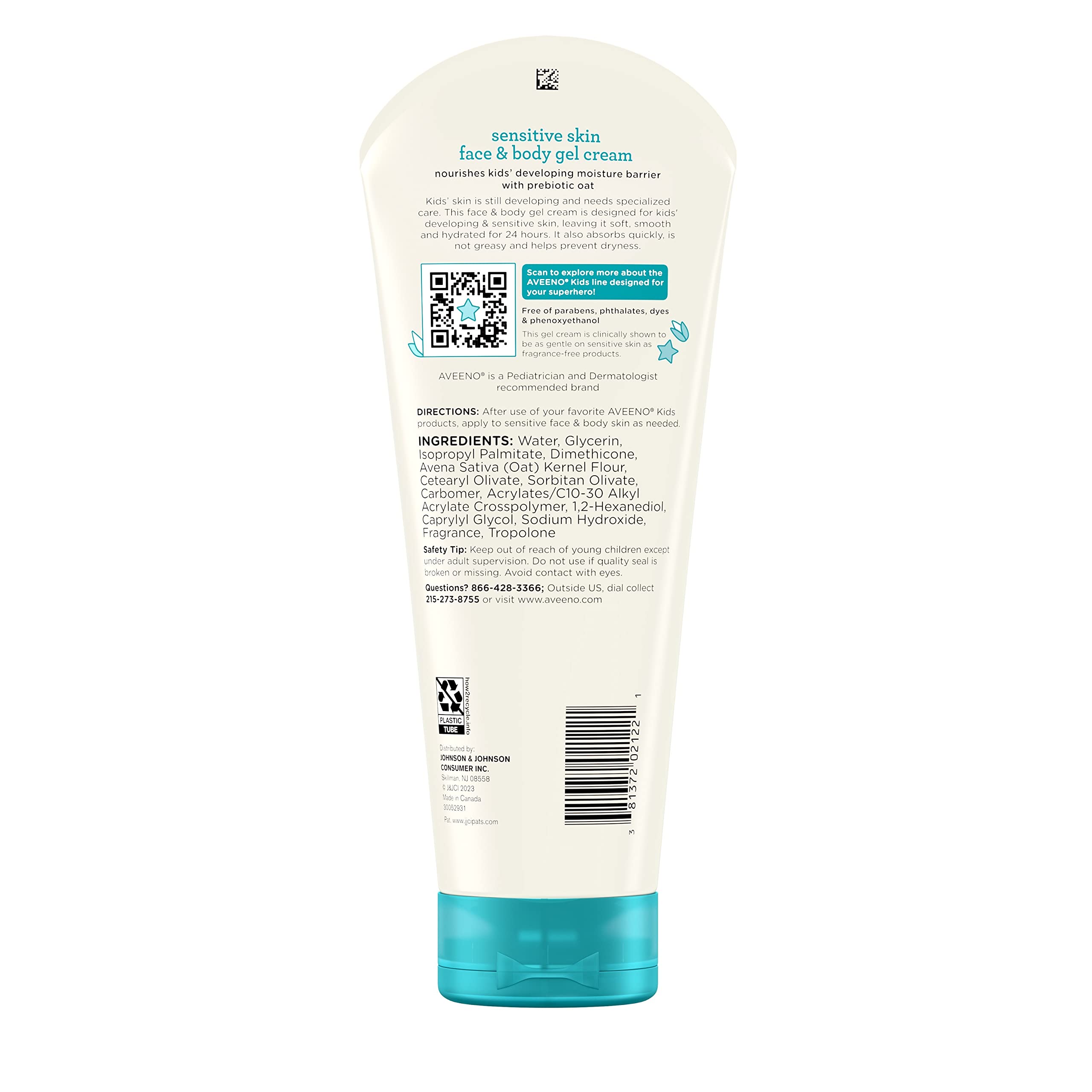 Aveeno Kids Sensitive Skin Face & Body Gel Cream with Prebiotic Oat, Clinically Proven 24 Hour Hydration for Soft Skin, Quick Drying and Lightweight, Hypoallergenic, 8 oz.