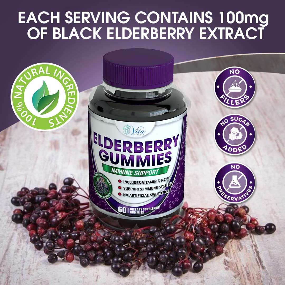 Sambucus Elderberry Gummies for Adults & Kids with Vitamin C and Zinc High Potency Daily Immune Support Gummy Gluten Free Vegan Non-GMO All Natural 60 Count