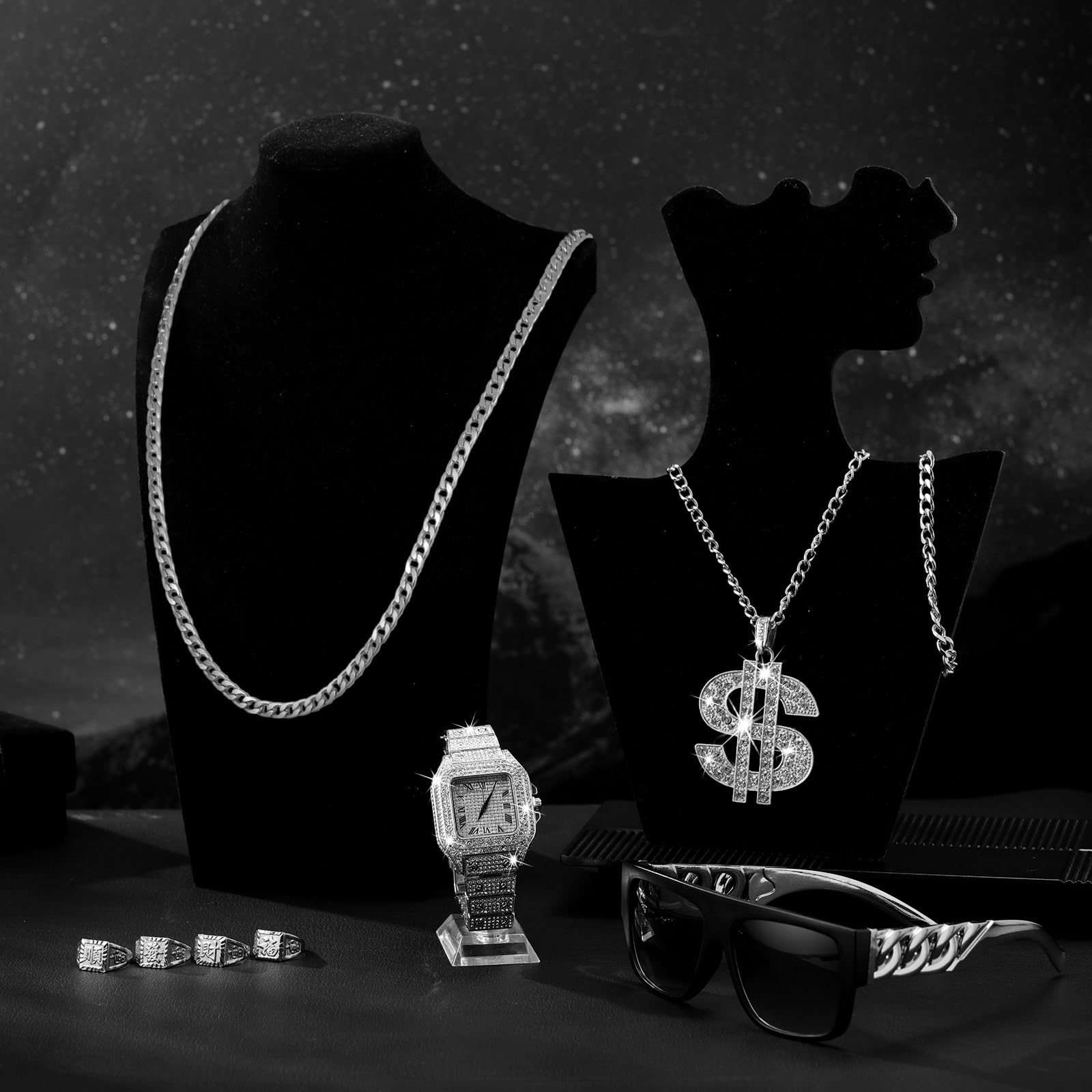Equsion 9 Pcs Hip Hop Jewelry Set Dollar Sign Pendant Necklace Bracelet Diamond Watch Punk Sunglasses Lucky Rings for Men (Silver)