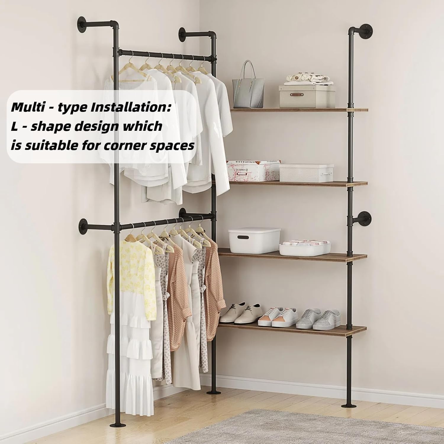 Woskar Industrial Pipe Clothing Rack, Hanging Rods Clothes Rack with Shelves, Clothes Rack for Wardrobe, Corner Closet System for Walk in Closets (Black)
