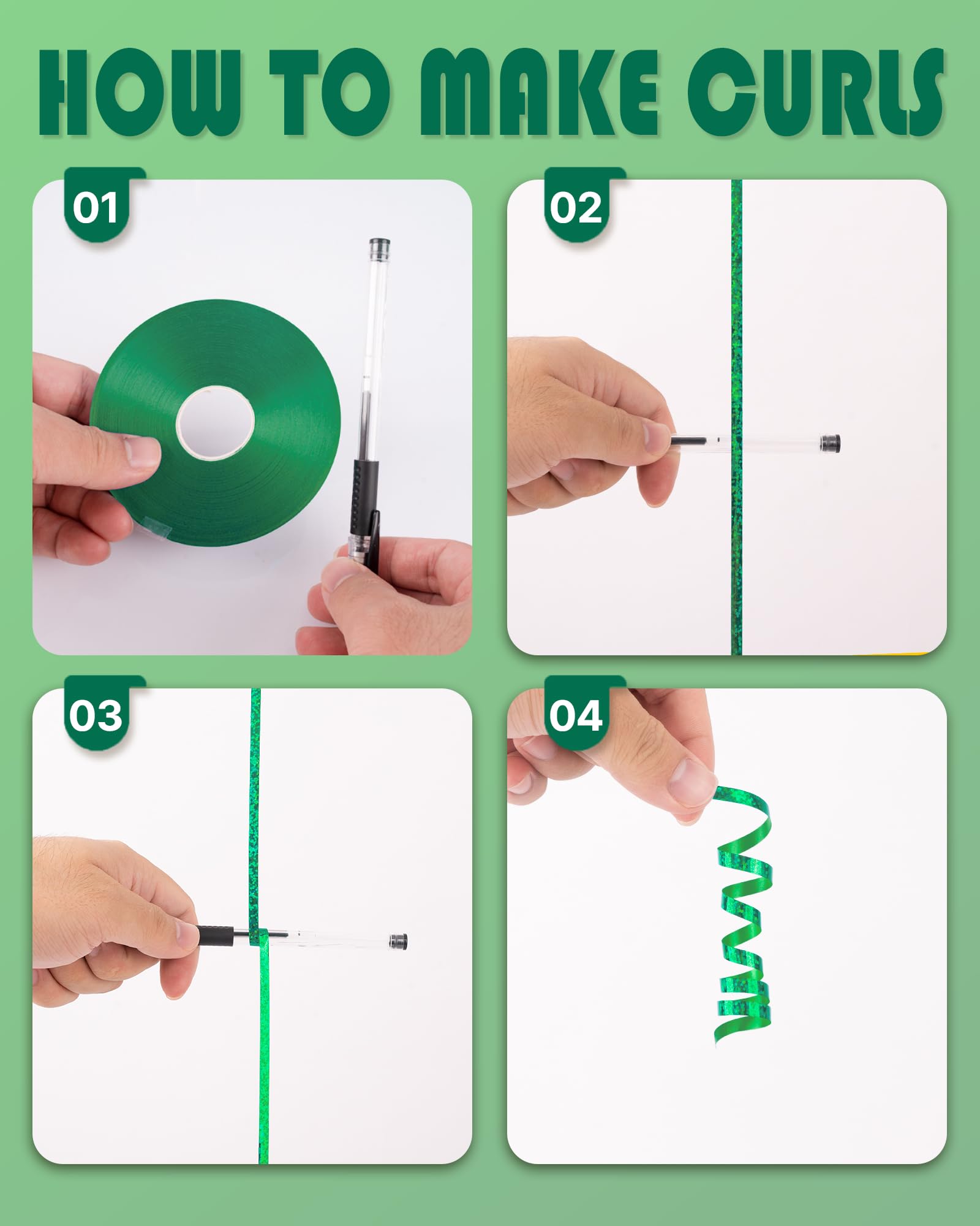 PartyWoo Green Curling Ribbon for Balloons, 600 Yards Iridescent Crimped, Shiny for Craft, Gift Wrapping, Wedding, Florist Flower (6 Rolls, 100 Yards/Roll)