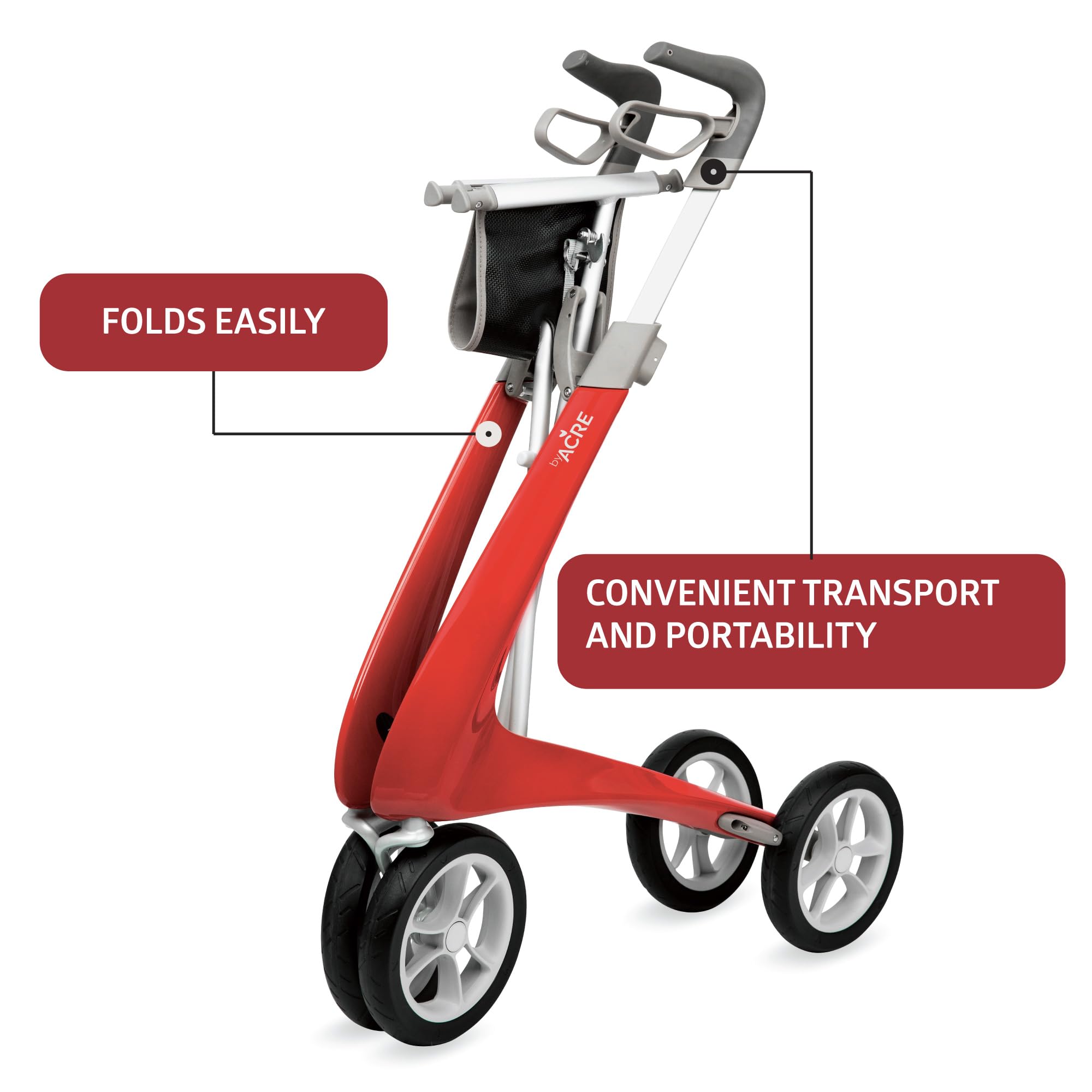 byACRE Carbon Ultralight Rollator Walker with Organizer Bag, Red, Regular Track