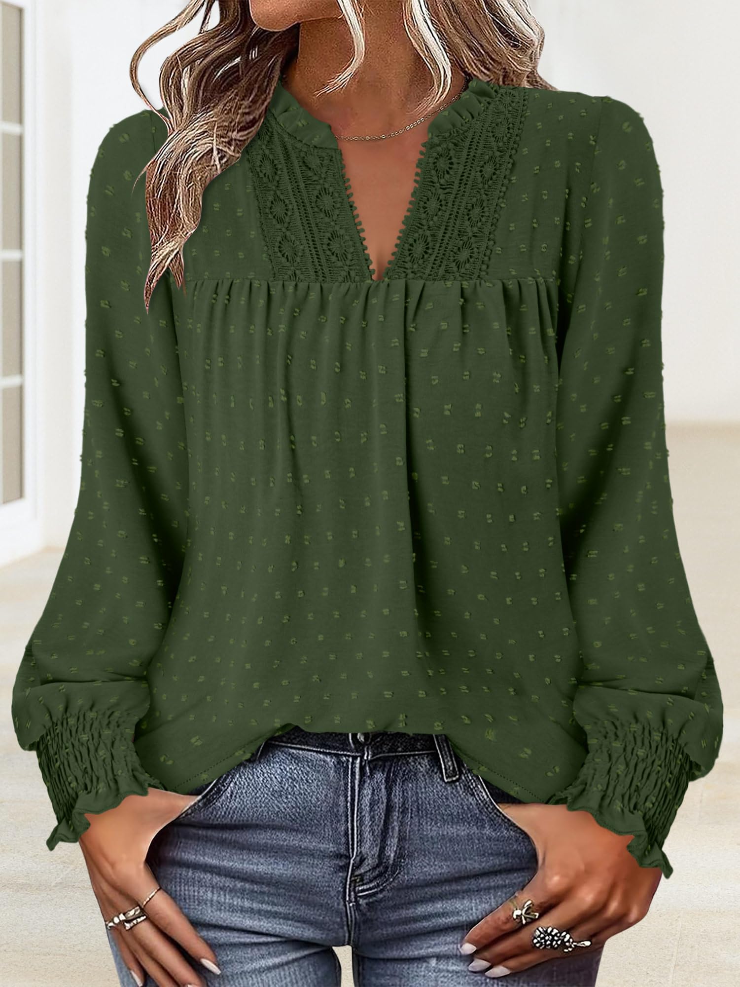 BETTE BOUTIK Flowy Boho Tops Womens Long Sleeve Fall Cute Dressy Casual Shirts Loose Chic Winter V Neck Lace Western Work Swiss Dot Blouses Blackish Green XL