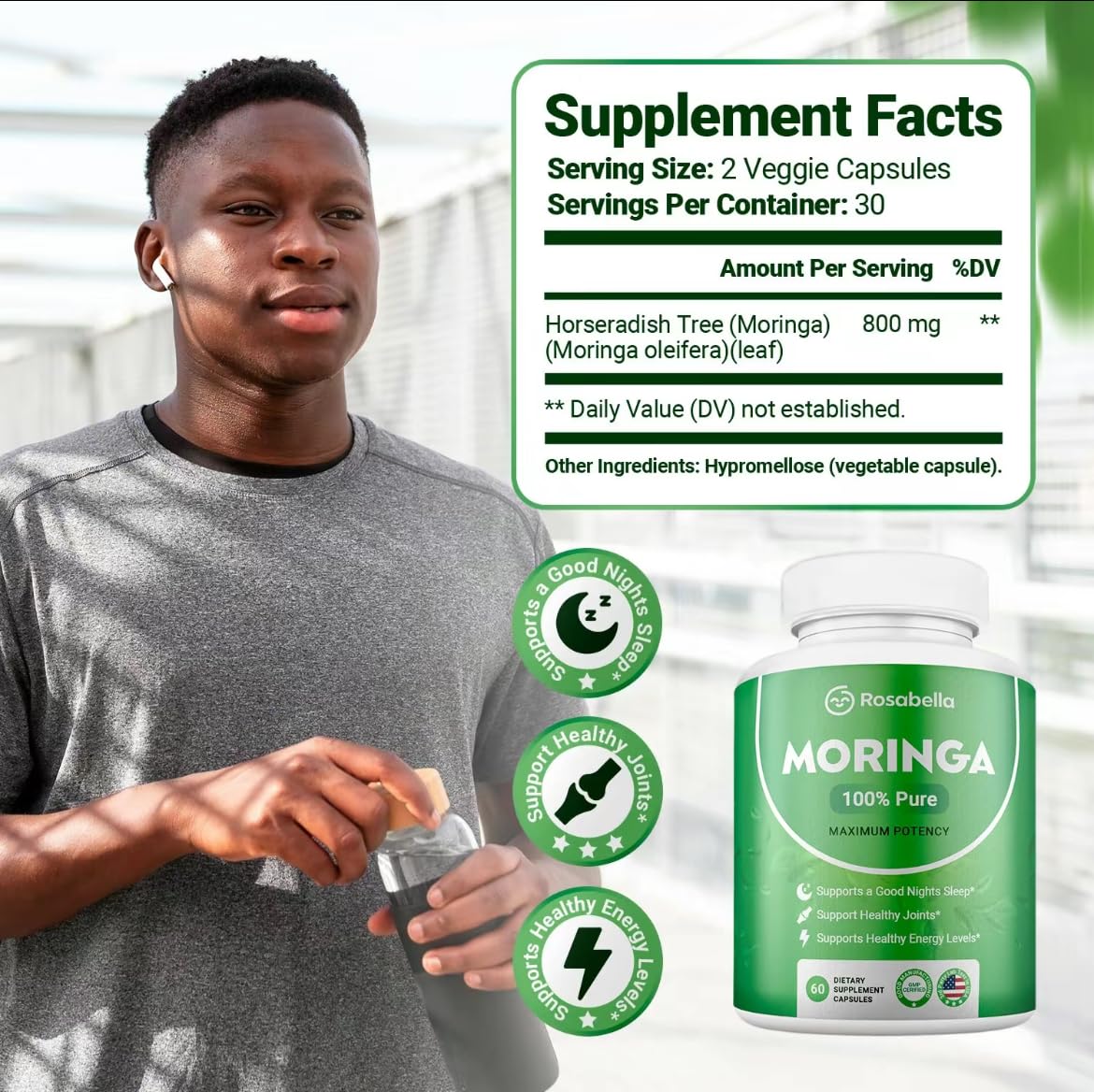 Moringa Powder Capsules - Pure Nutrient-Rich Moringa Powder - A Natural Green Antioxidant Superfood - Supports Energy, Skin Health, Gut Health+ - w/Essential Vitamins & Amino Acids A1