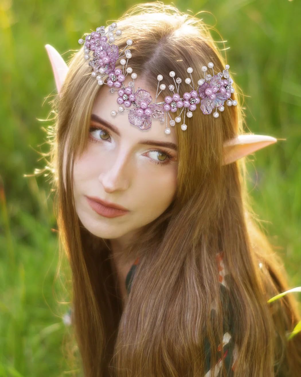 Campsis Fairy Headband Purple Elf Crystal Crown Flower Elven Tiaras V-Shape Bride Hair Accessories Halloween Cosplay Costume Headwear for Women