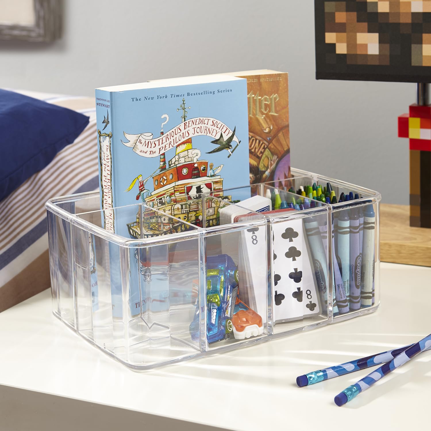 STORi 5-Compartment Clear Plastic Organizer | Rectangular Divided Makeup and Vanity Storage Bin and Office Desk Caddy | Scalloped Wall Design | Made in USA