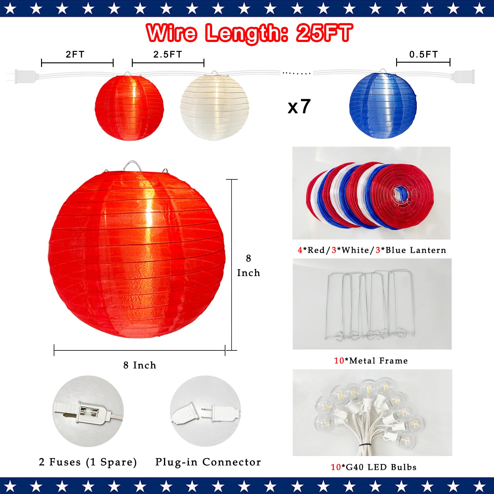 SUNSGNE Lantern String Lights with G40 LED Lights, Plug-in Decorative String Lights with 10 Red White Blue Lantern Lights, Connectable Patio String Lights for 4th of July Decor, 25FT - White Wire