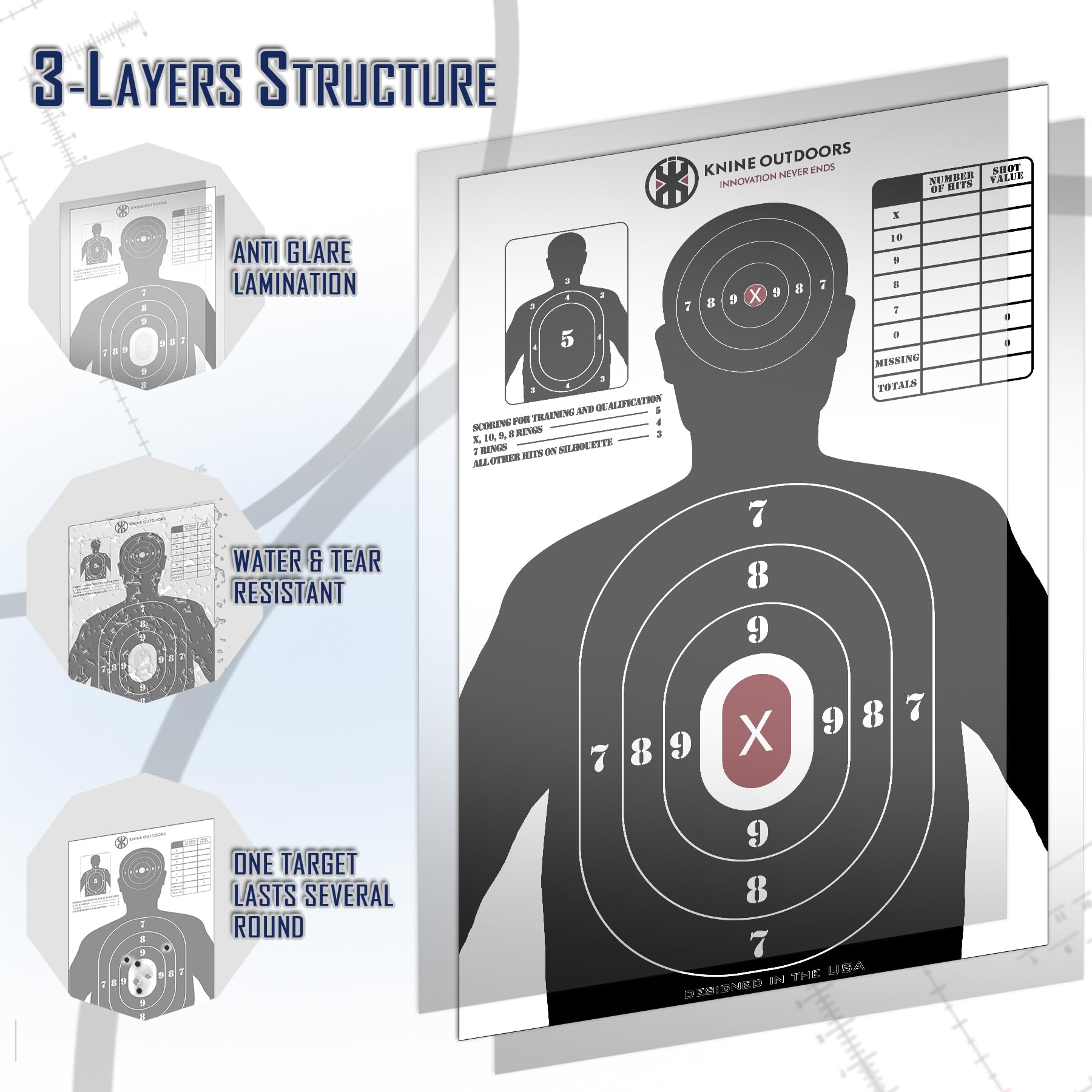 KNINE OUTDOORS Shooting Targets Paper, 23 x35 inch, Bulk for Hunting, Handguns, Pistols, Rifles, Silhouette with Red Bullseye, Black Design (10 Pack)