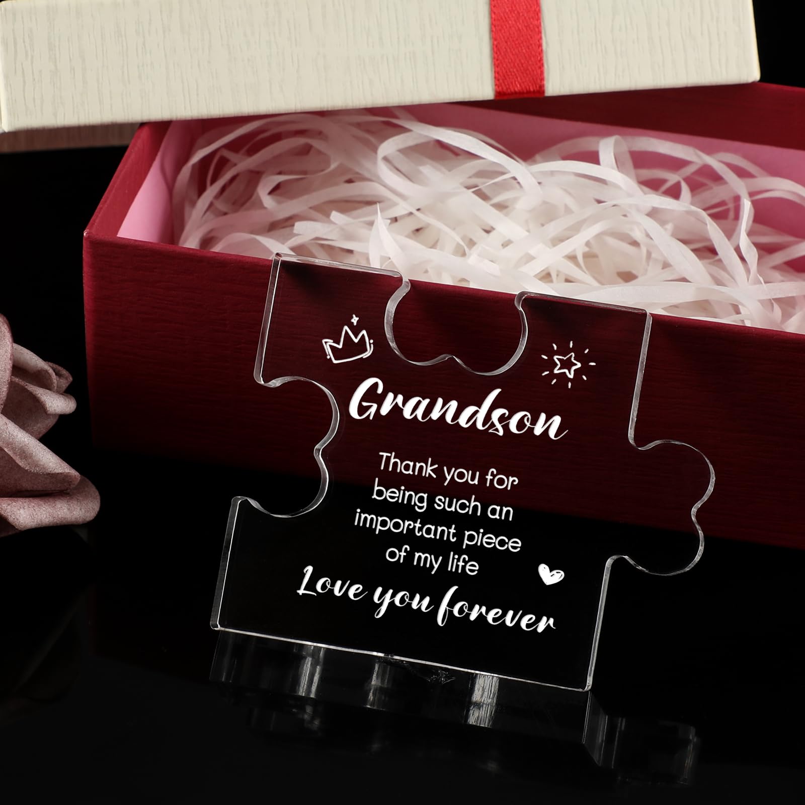 Funnli Grandson Gifts from Grandma Acrylic Puzzle Plaque - Christmas Valentines Day Fathers Day Birthday Gifts for Grandson 3.35 x 2.76 Inch Desk Decorations